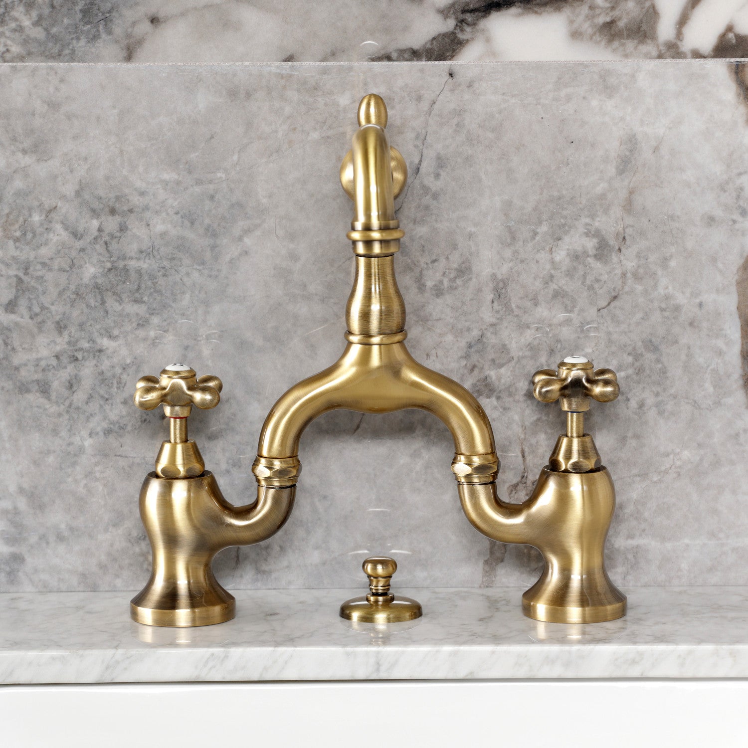 Kingston Heirloom KS7973AX - English Country Two-Handle 3-Hole Deck Mount Bridge Bathroom Faucet with Brass Pop-Up, Antique Brass — thumbnail 3