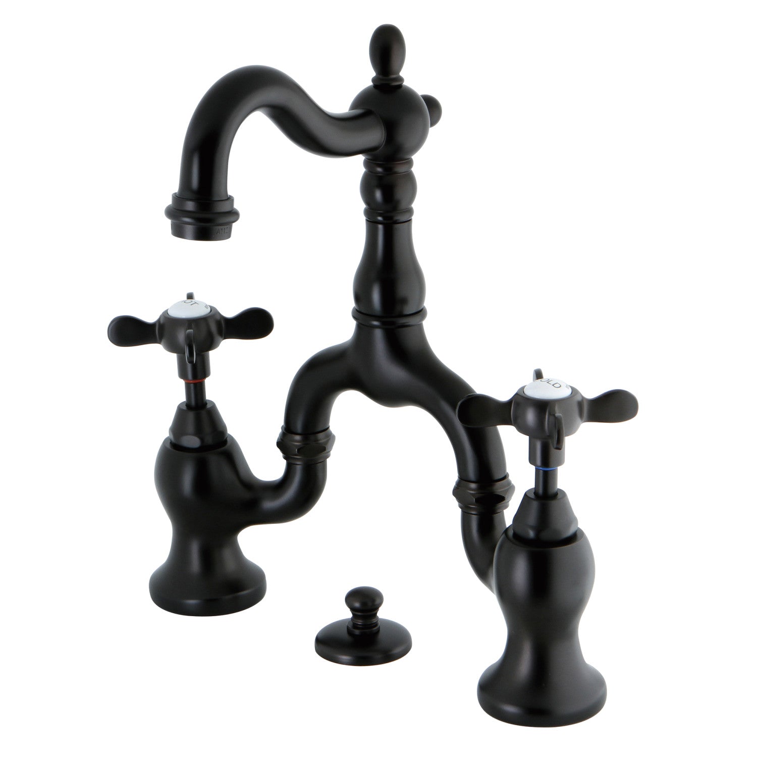 Kingston Heirloom KS7975BEX - Essex Two-Handle 3-Hole Deck Mount Bridge Bathroom Faucet with Brass Pop-Up, Oil Rubbed Bronze