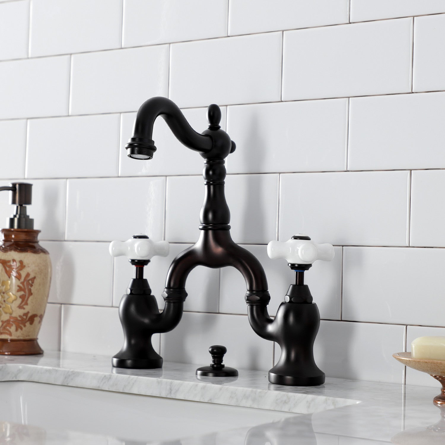 Kingston Heirloom KS7975PX - English Country Two-Handle 3-Hole Deck Mount Bridge Bathroom Faucet with Brass Pop-Up, Oil Rubbed Bronze — thumbnail 3