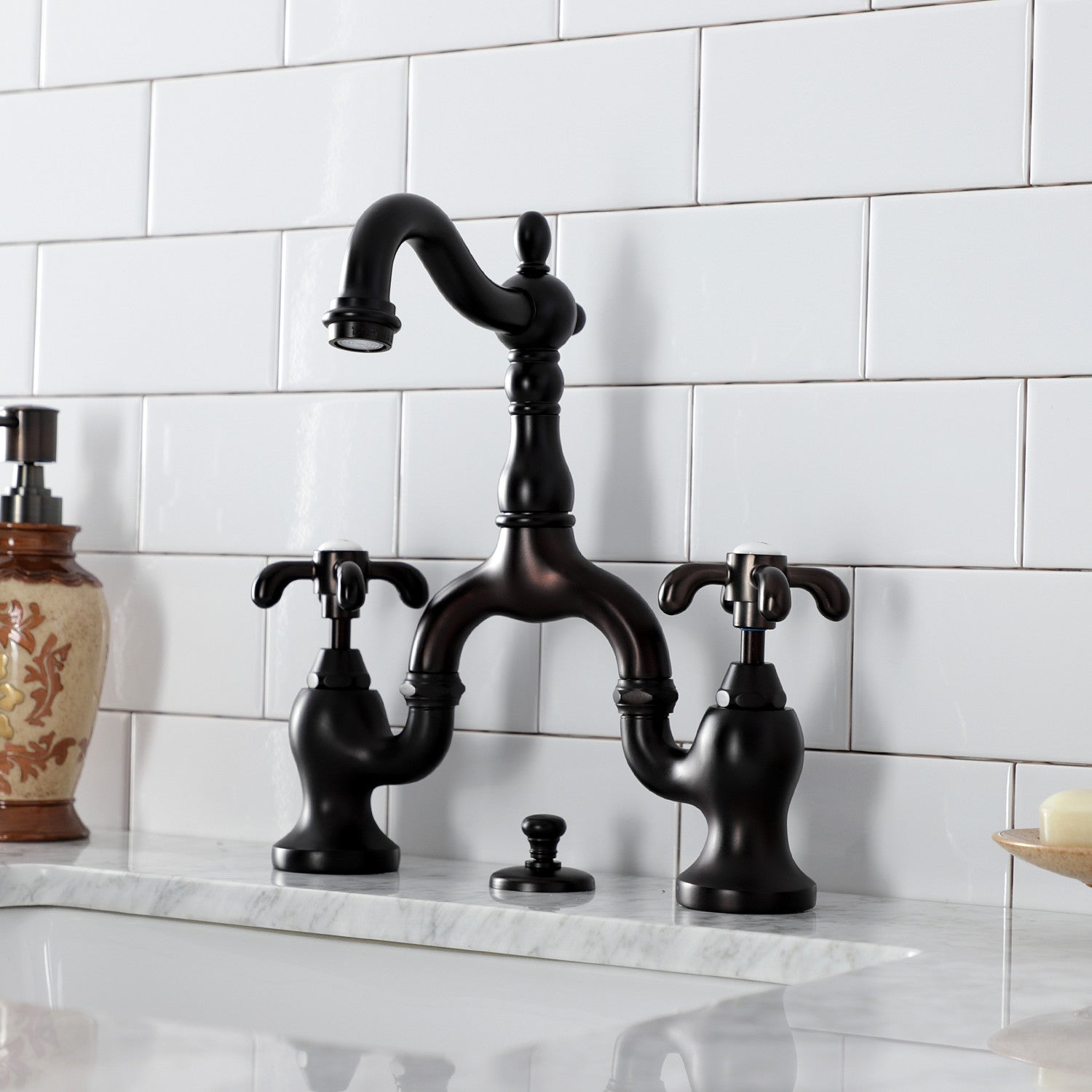 Kingston Heirloom KS7975TX - French Country Two-Handle 3-Hole Deck Mount Bridge Bathroom Faucet with Brass Pop-Up, Oil Rubbed Bronze — thumbnail 3