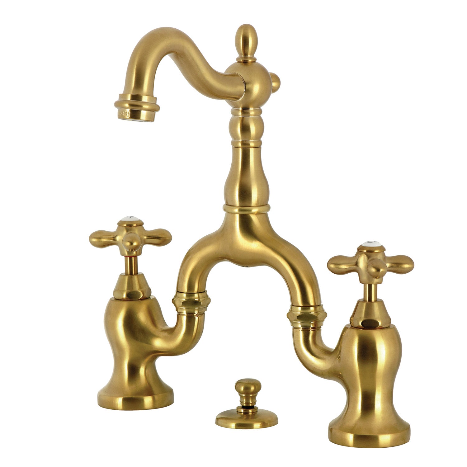 Kingston Heirloom KS7977AX - English Country Two-Handle 3-Hole Deck Mount Bridge Bathroom Faucet with Brass Pop-Up, Brushed Brass