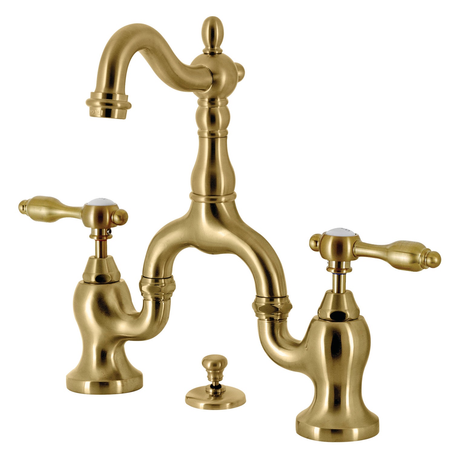 Kingston Heirloom KS7977TAL - Tudor Two-Handle 3-Hole Deck Mount Bridge Bathroom Faucet with Brass Pop-Up, Brushed Brass