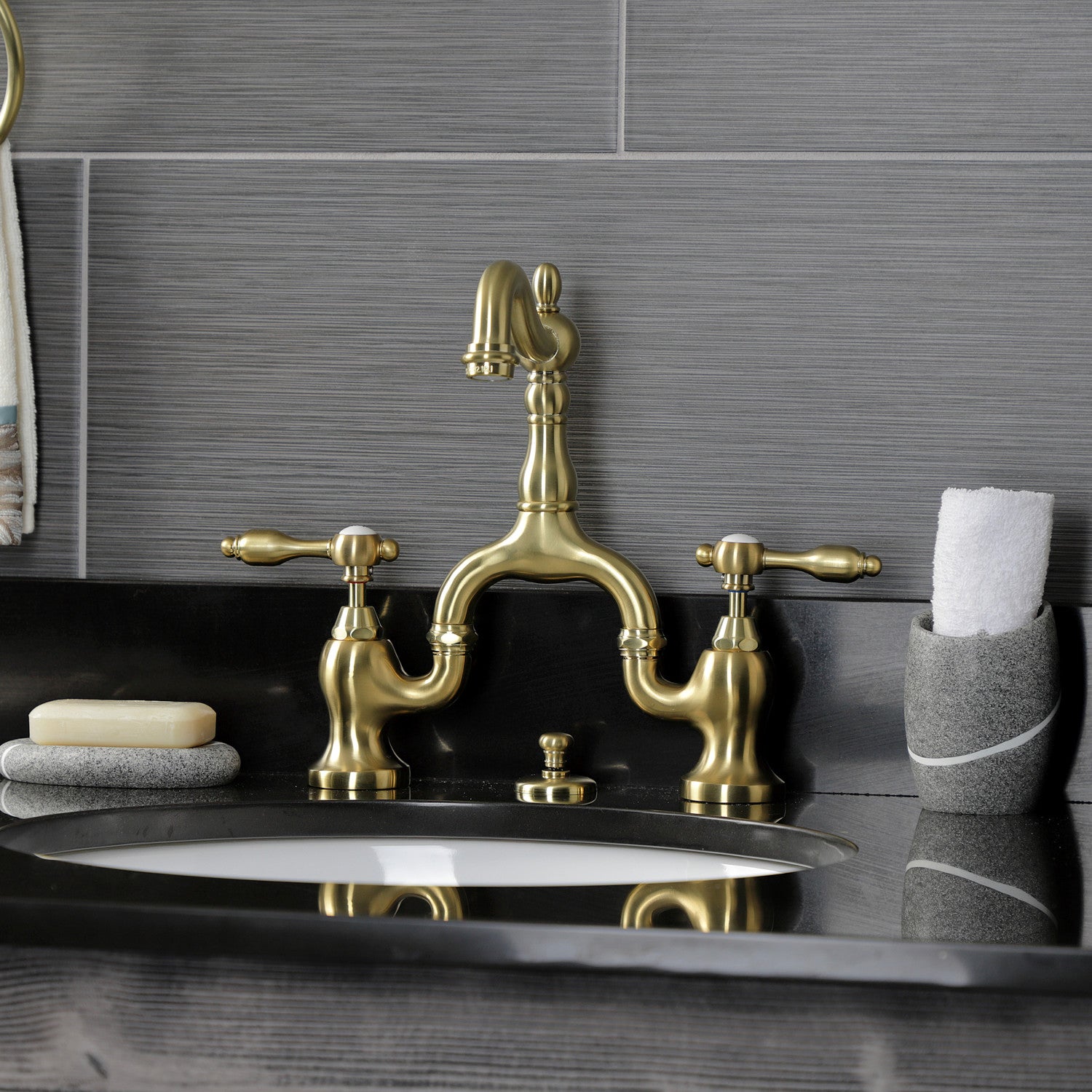 Kingston Heirloom KS7977TAL - Tudor Two-Handle 3-Hole Deck Mount Bridge Bathroom Faucet with Brass Pop-Up, Brushed Brass — thumbnail 3