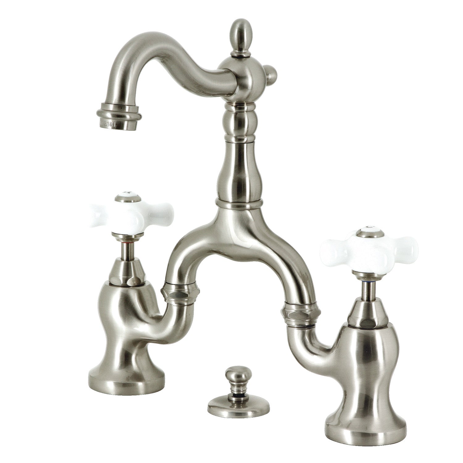 Kingston Heirloom KS7978PX - English Country Two-Handle 3-Hole Deck Mount Bridge Bathroom Faucet with Brass Pop-Up, Brushed Nickel