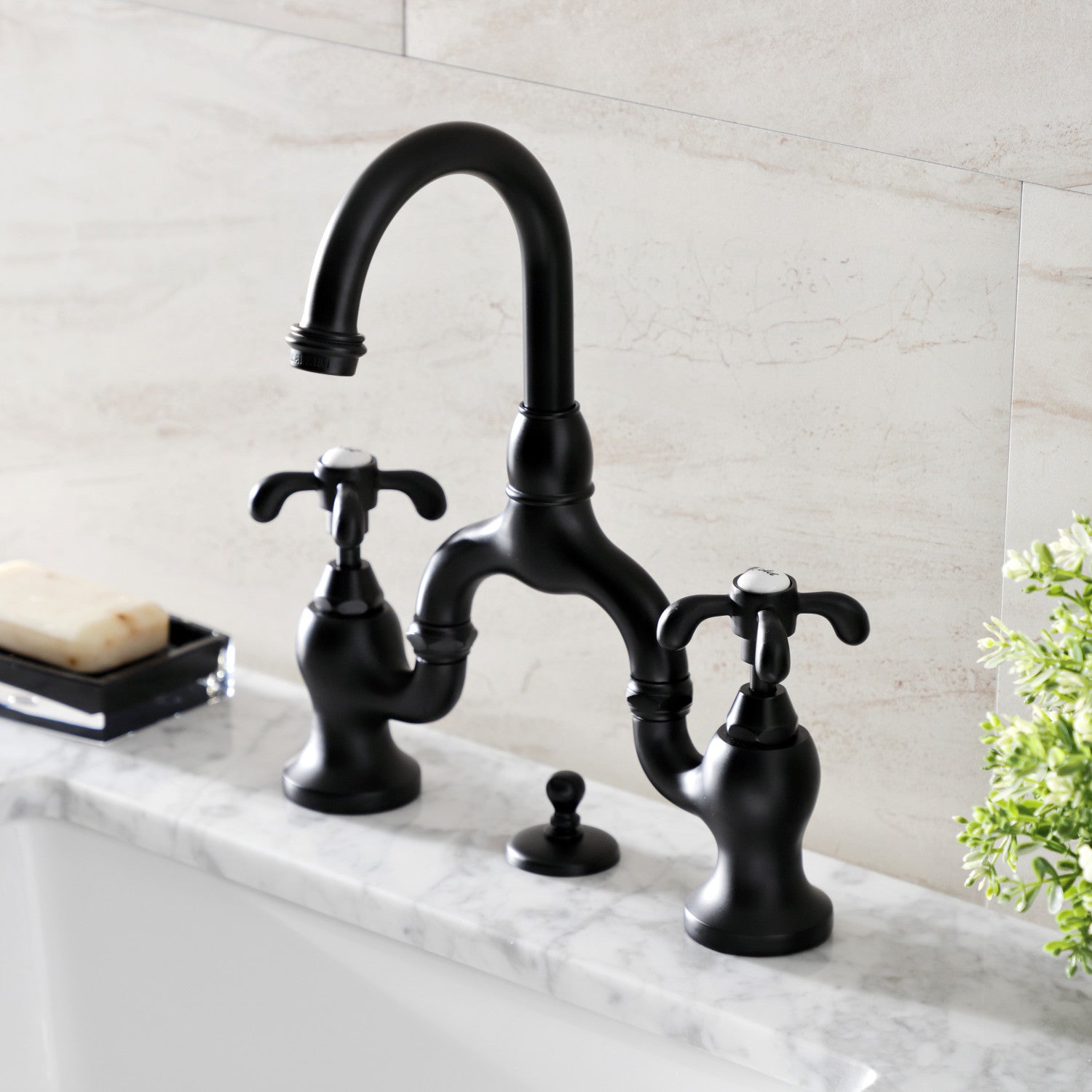 Kingston Heirloom KS7990TX - French Country Two-Handle 3-Hole Deck Mount Bridge Bathroom Faucet with Brass Pop-Up, Matte Black — thumbnail 2