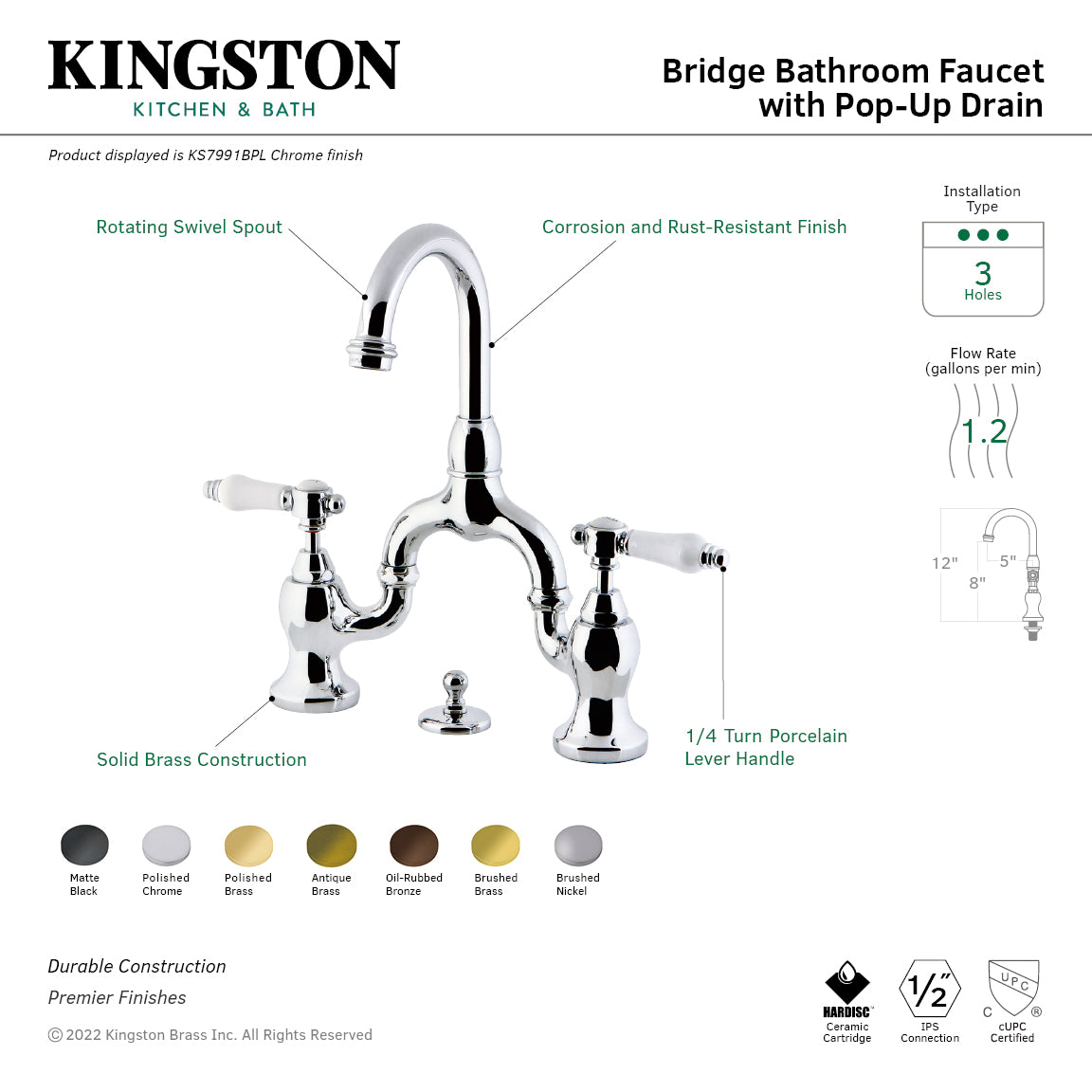 Kingston Heirloom KS7991BPL - Bel-Air Two-Handle 3-Hole Deck Mount Bridge Bathroom Faucet with Brass Pop-Up, Polished Chrome — thumbnail 3