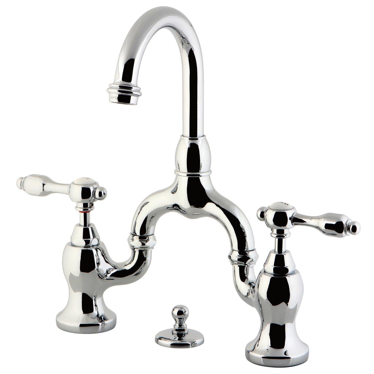 Kingston Heirloom KS7991TAL - Tudor Two-Handle 3-Hole Deck Mount Bridge Bathroom Faucet with Brass Pop-Up, Polished Chrome