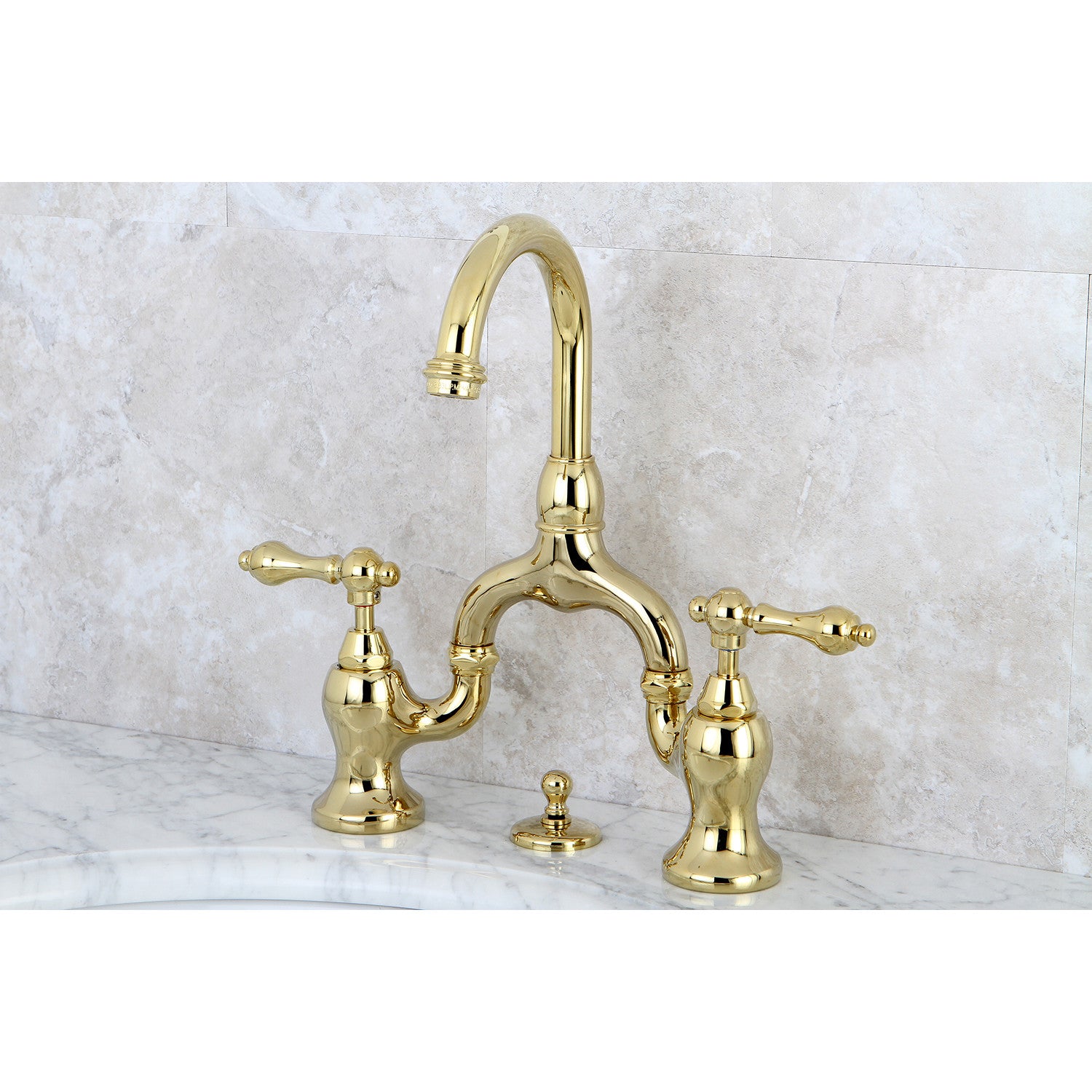 Kingston Heirloom KS7992AL - English Country Two-Handle 3-Hole Deck Mount Bridge Bathroom Faucet with Brass Pop-Up, Polished Brass — thumbnail 2