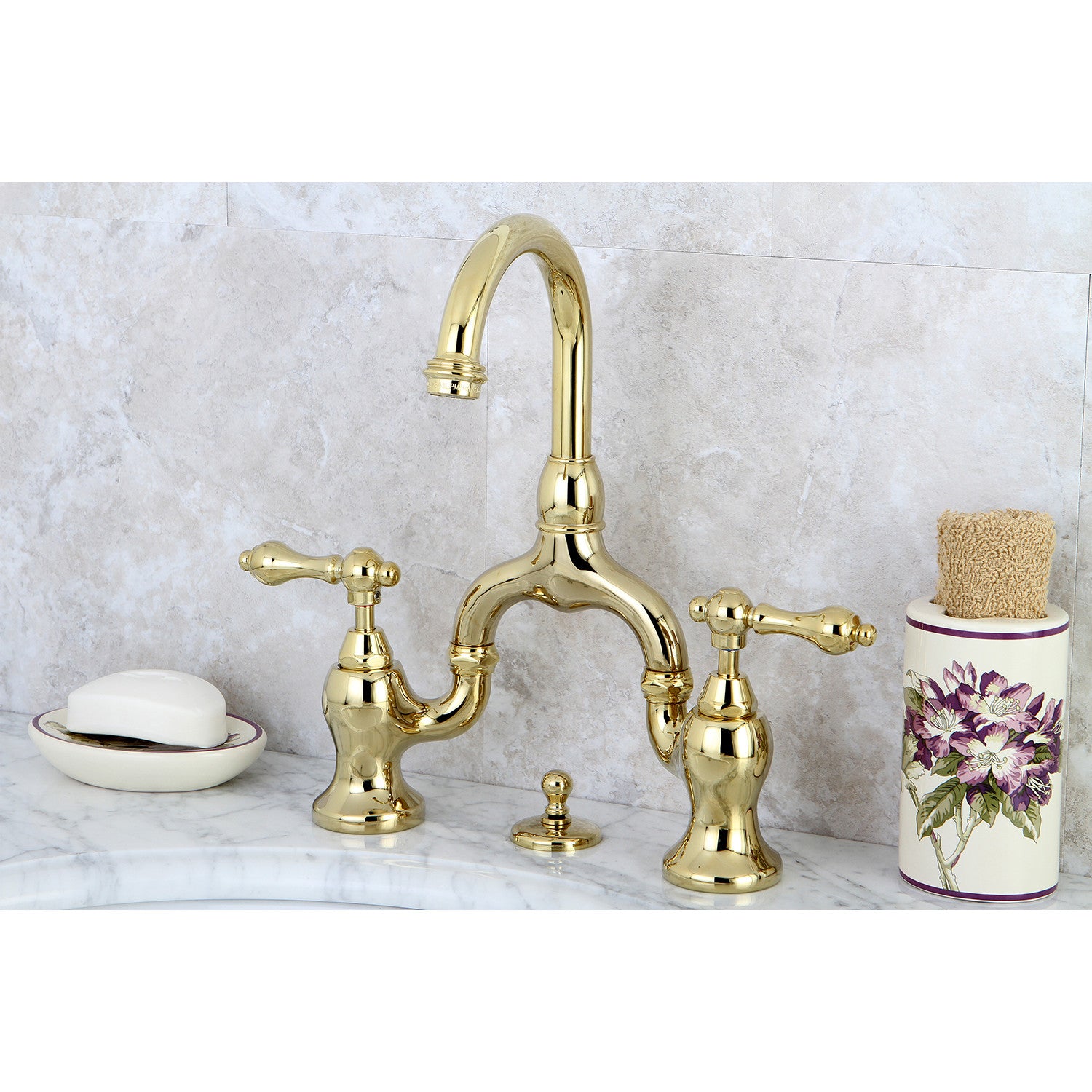 Kingston Heirloom KS7992AL - English Country Two-Handle 3-Hole Deck Mount Bridge Bathroom Faucet with Brass Pop-Up, Polished Brass — thumbnail 3
