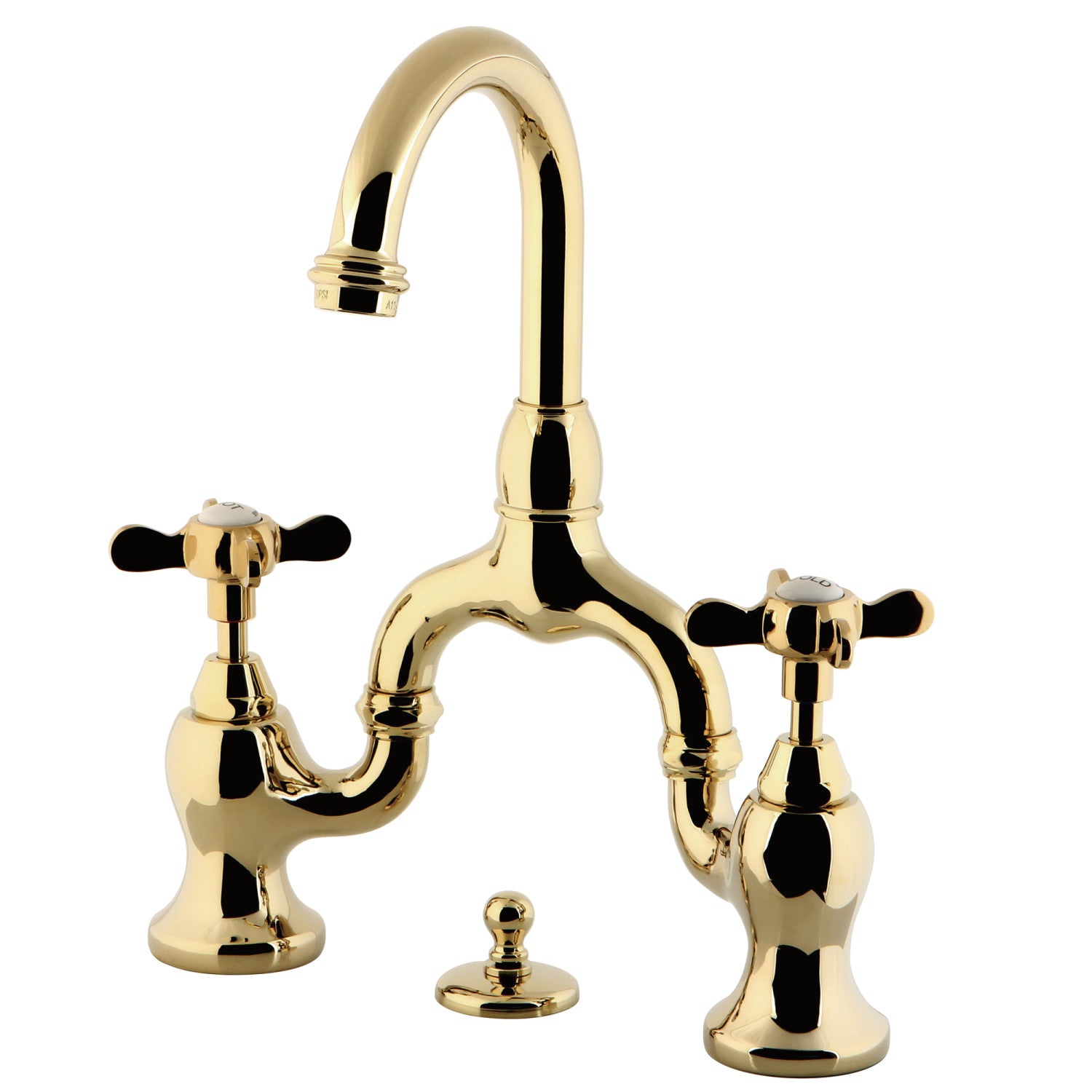 Kingston Heirloom KS7992BEX - Essex Two-Handle 3-Hole Deck Mount Bridge Bathroom Faucet with Brass Pop-Up, Polished Brass