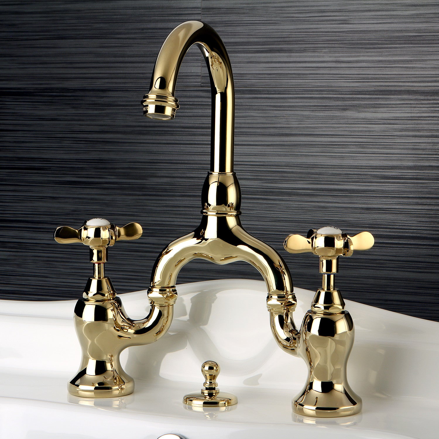 Kingston Heirloom KS7992BEX - Essex Two-Handle 3-Hole Deck Mount Bridge Bathroom Faucet with Brass Pop-Up, Polished Brass — thumbnail 2