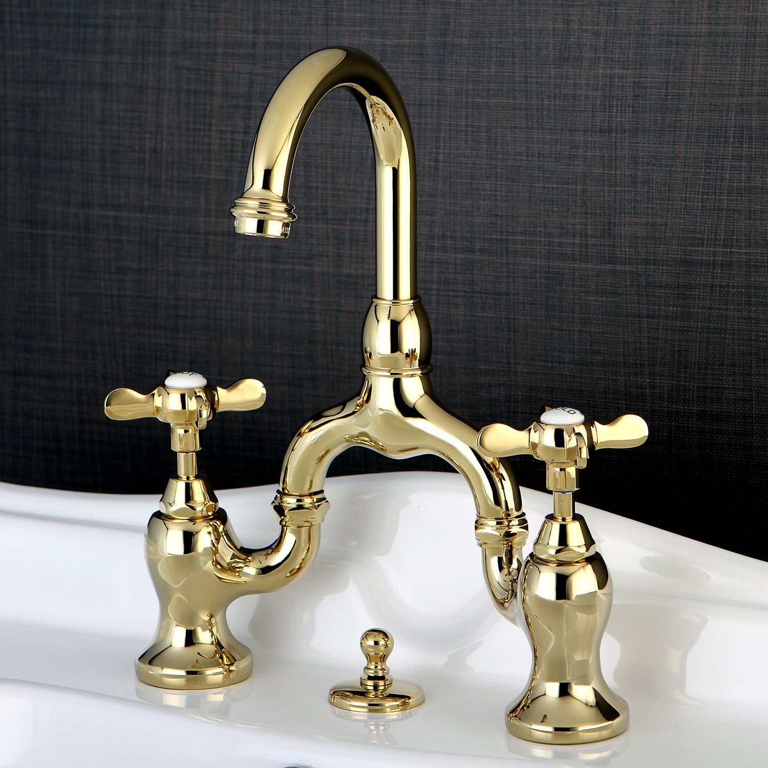 Kingston Heirloom KS7992BEX - Essex Two-Handle 3-Hole Deck Mount Bridge Bathroom Faucet with Brass Pop-Up, Polished Brass — thumbnail 3