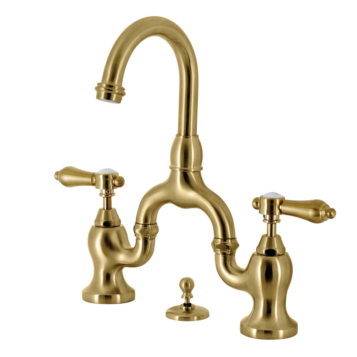 Kingston Heirloom KS7997BAL - Heirloom Two-Handle 3-Hole Deck Mount Bridge Bathroom Faucet with Brass Pop-Up, Brushed Brass