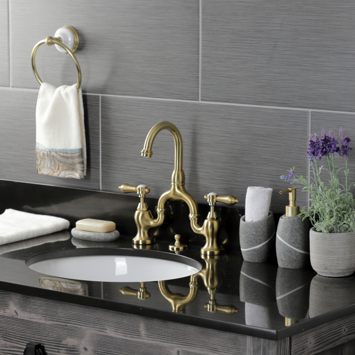 Kingston Heirloom KS7997BAL - Heirloom Two-Handle 3-Hole Deck Mount Bridge Bathroom Faucet with Brass Pop-Up, Brushed Brass — thumbnail 2