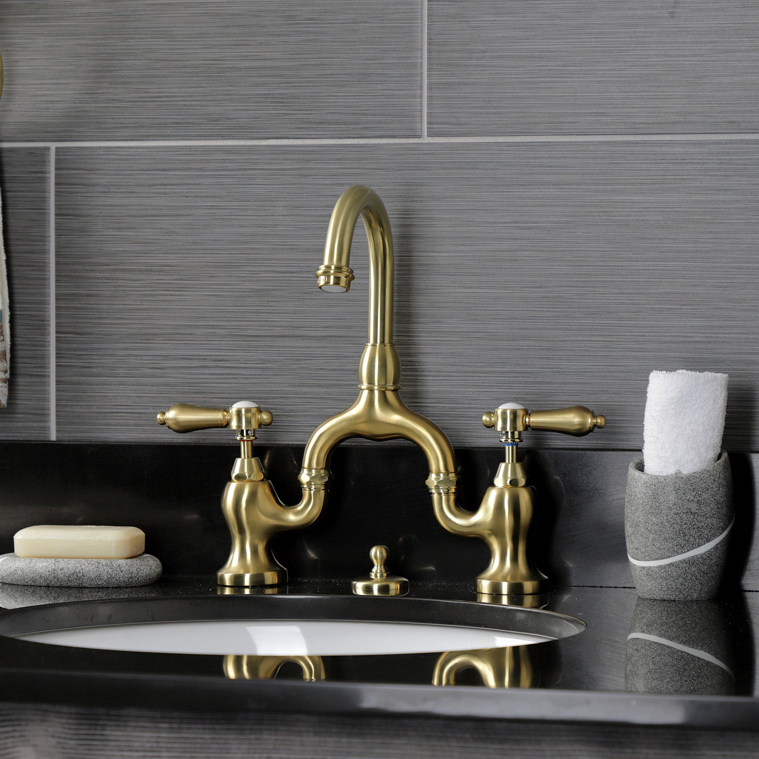 Kingston Heirloom KS7997BAL - Heirloom Two-Handle 3-Hole Deck Mount Bridge Bathroom Faucet with Brass Pop-Up, Brushed Brass — thumbnail 3