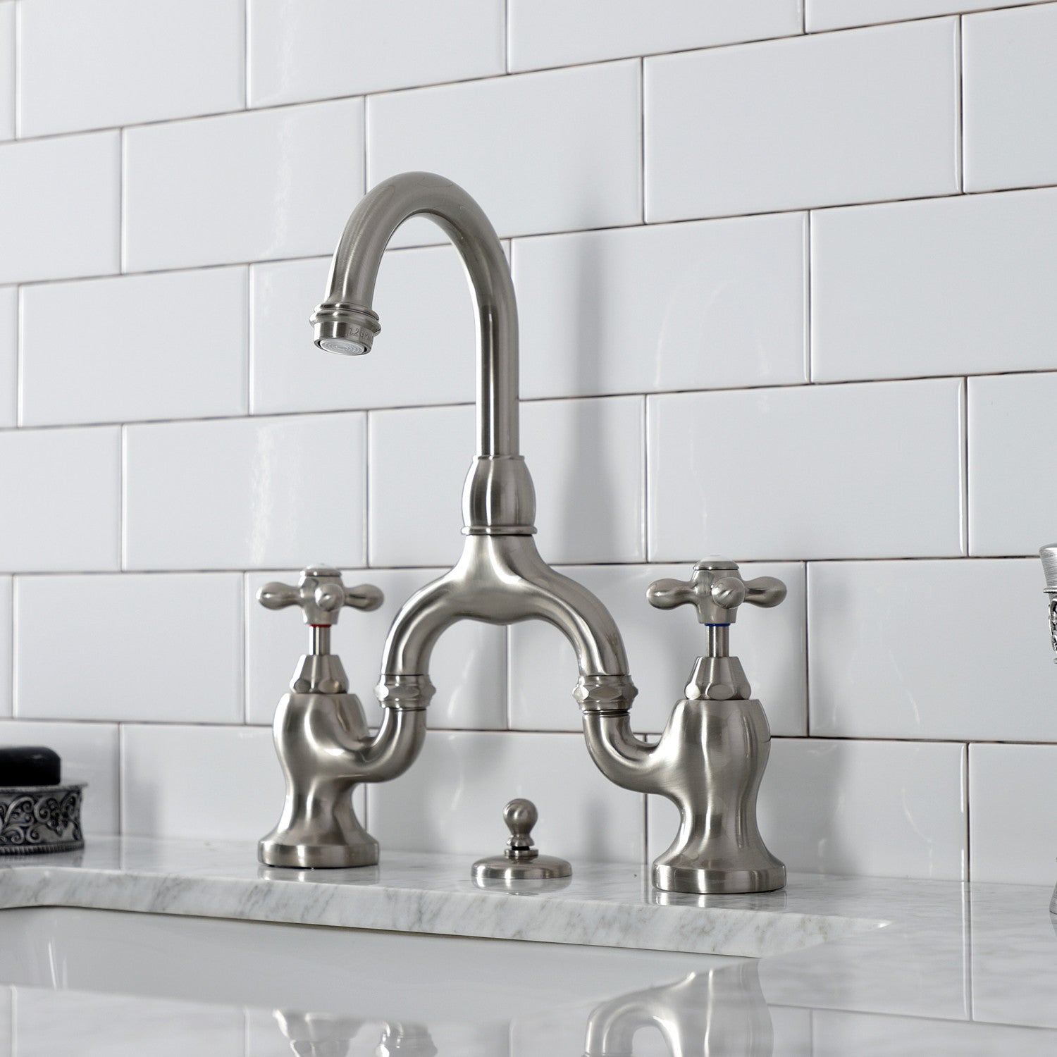 Kingston Heirloom KS7998AX - English Country Two-Handle 3-Hole Deck Mount Bridge Bathroom Faucet with Brass Pop-Up, Brushed Nickel — thumbnail 3