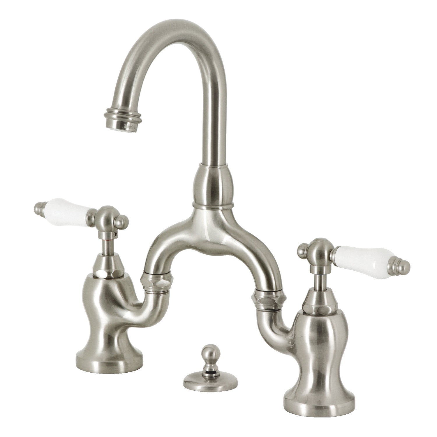Kingston Tulare KS7998PL - English Country Two-Handle 3-Hole Deck Mount Bridge Bathroom Faucet with Brass Pop-Up, Brushed Nickel