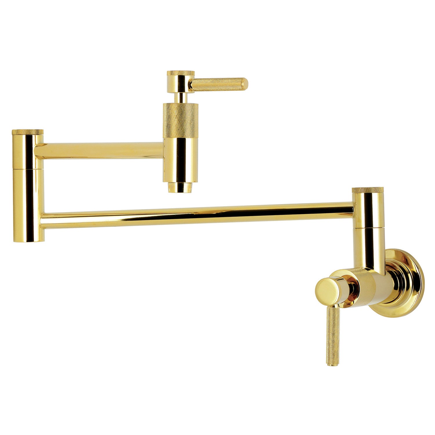 Kingston Sona KS8102KNL - Convergent Two-Handle 1-Hole Wall Mount Pot Filler Faucet with Knurled Handle, Polished Brass