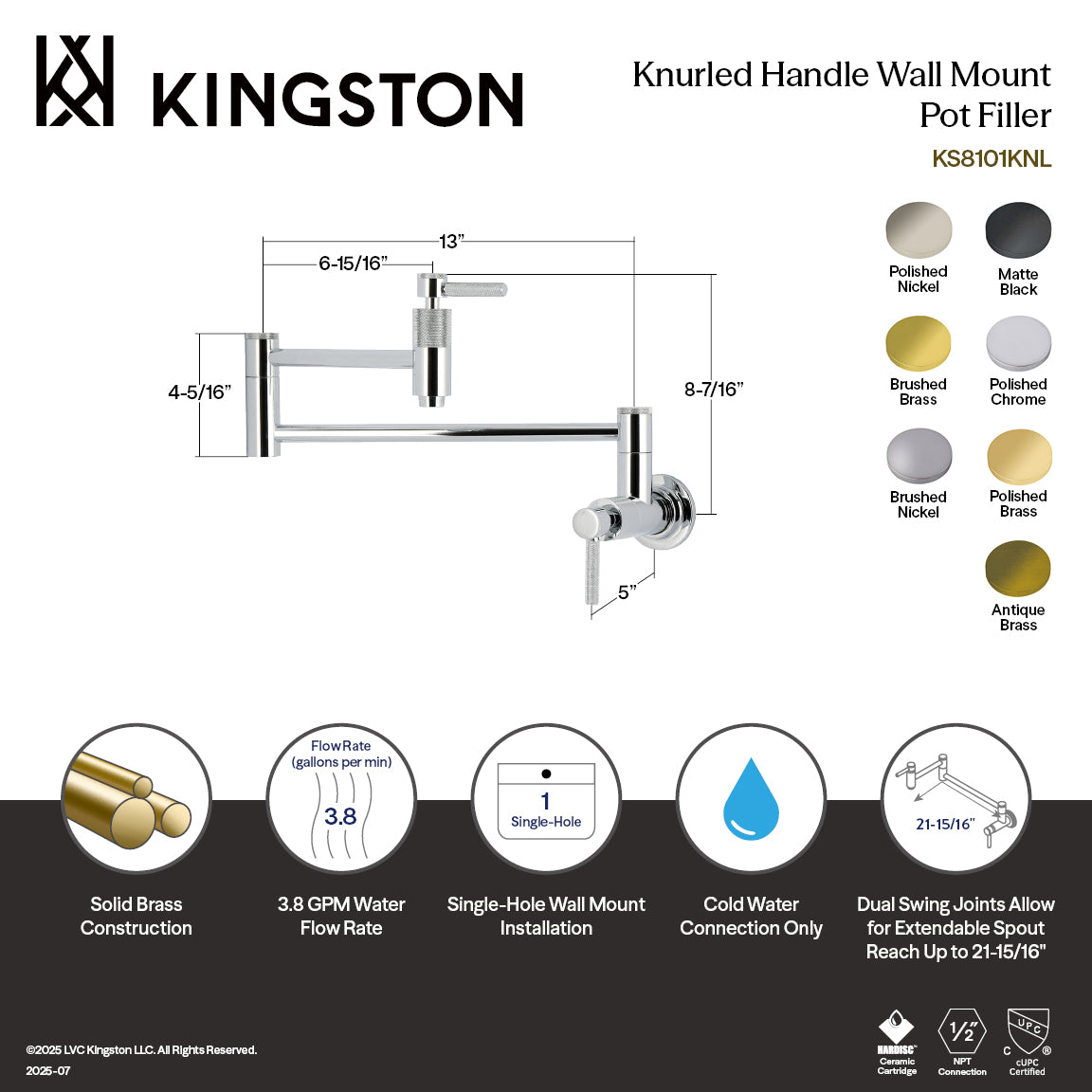 Kingston Sona KS8103KNL - Convergent Two-Handle 1-Hole Wall Mount Pot Filler Faucet with Knurled Handle, Antique Brass — thumbnail 2