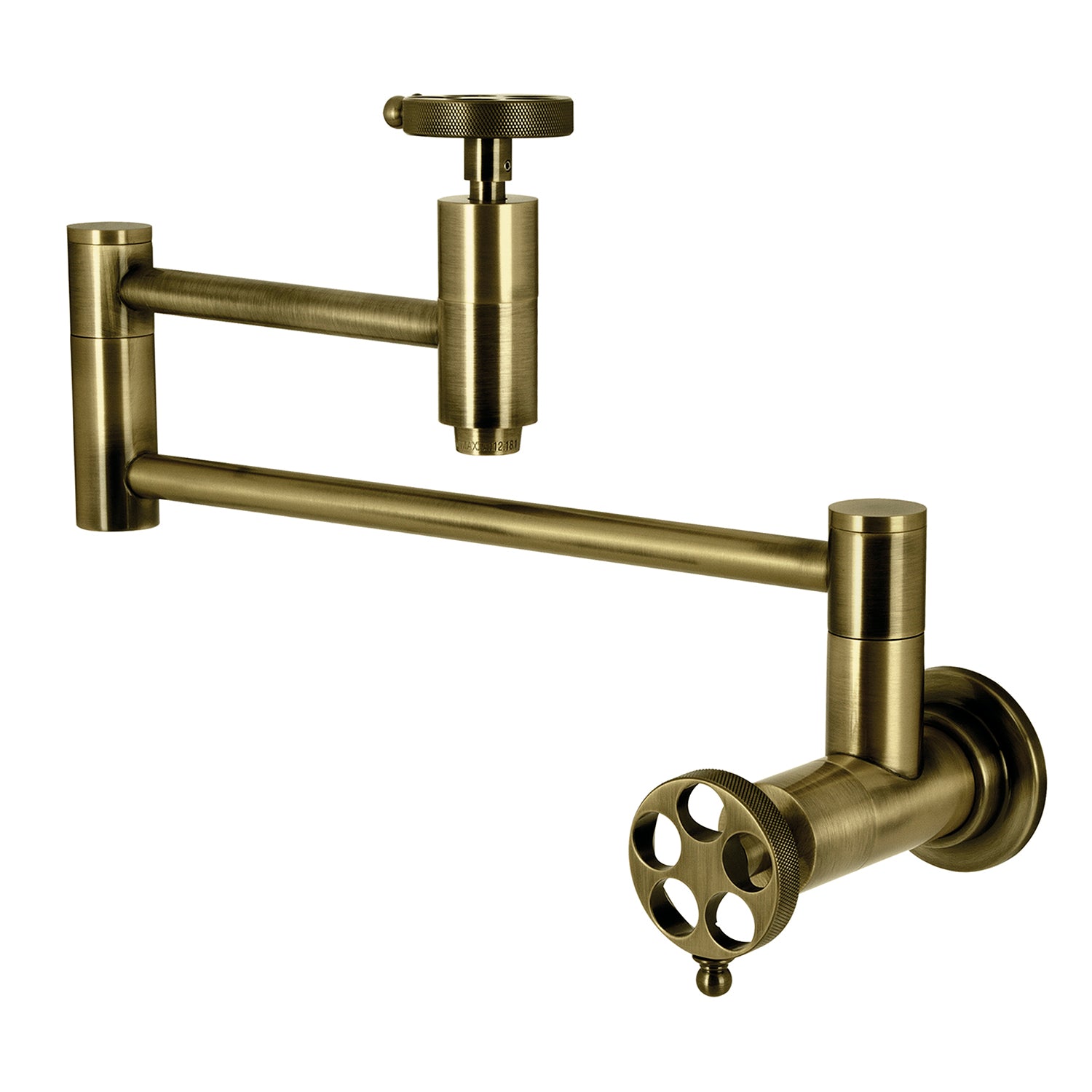Kingston Sona KS8103RKZ - Wendell Two-Handle 1-Hole Wall Mount Pot Filler Faucet with Knurled Handle, Antique Brass