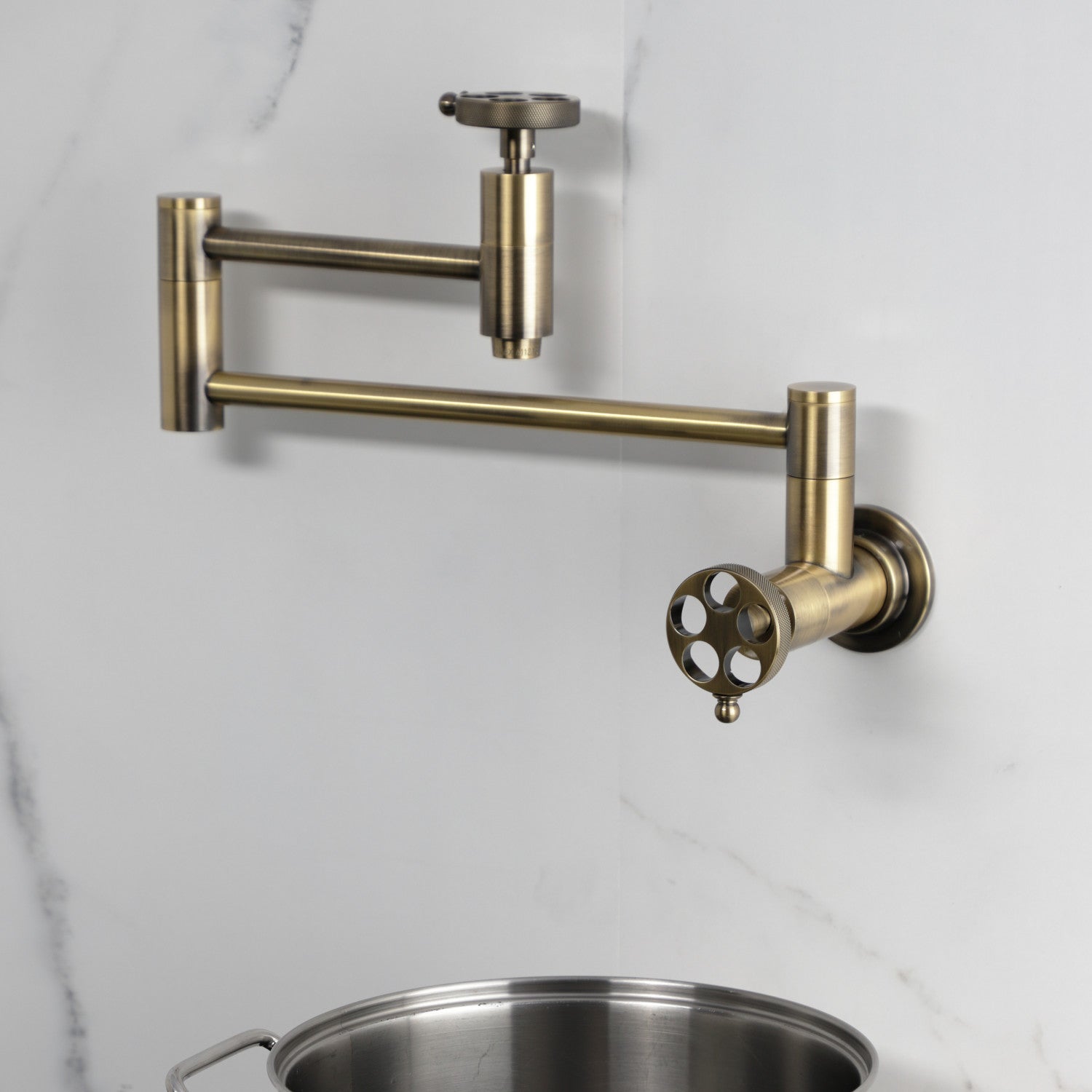 Kingston Sona KS8103RKZ - Wendell Two-Handle 1-Hole Wall Mount Pot Filler Faucet with Knurled Handle, Antique Brass — thumbnail 2