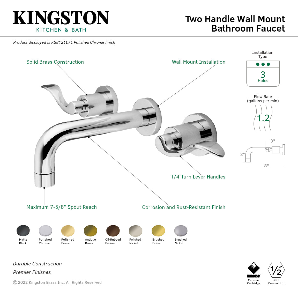 Kingston Tulare KS8126DFL - NuWave Double-Handle 3-Hole Wall Mount Bathroom Faucet, Polished Nickel — thumbnail 2