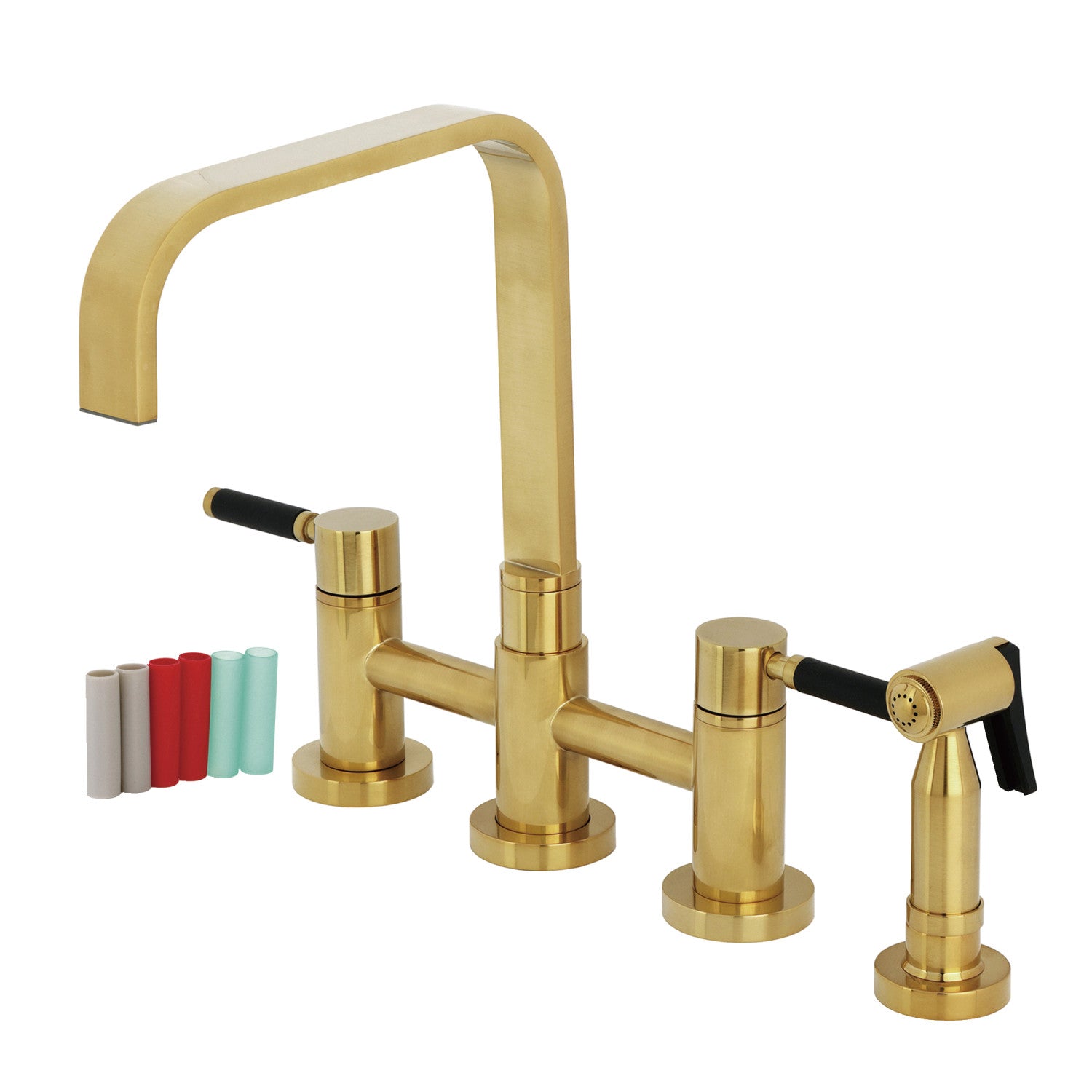 Kingston Sona KS8257DKLBS - Kaiser Two-Handle 4-Hole Deck Mount Bridge Kitchen Faucet with Brass Sprayer, Brushed Brass