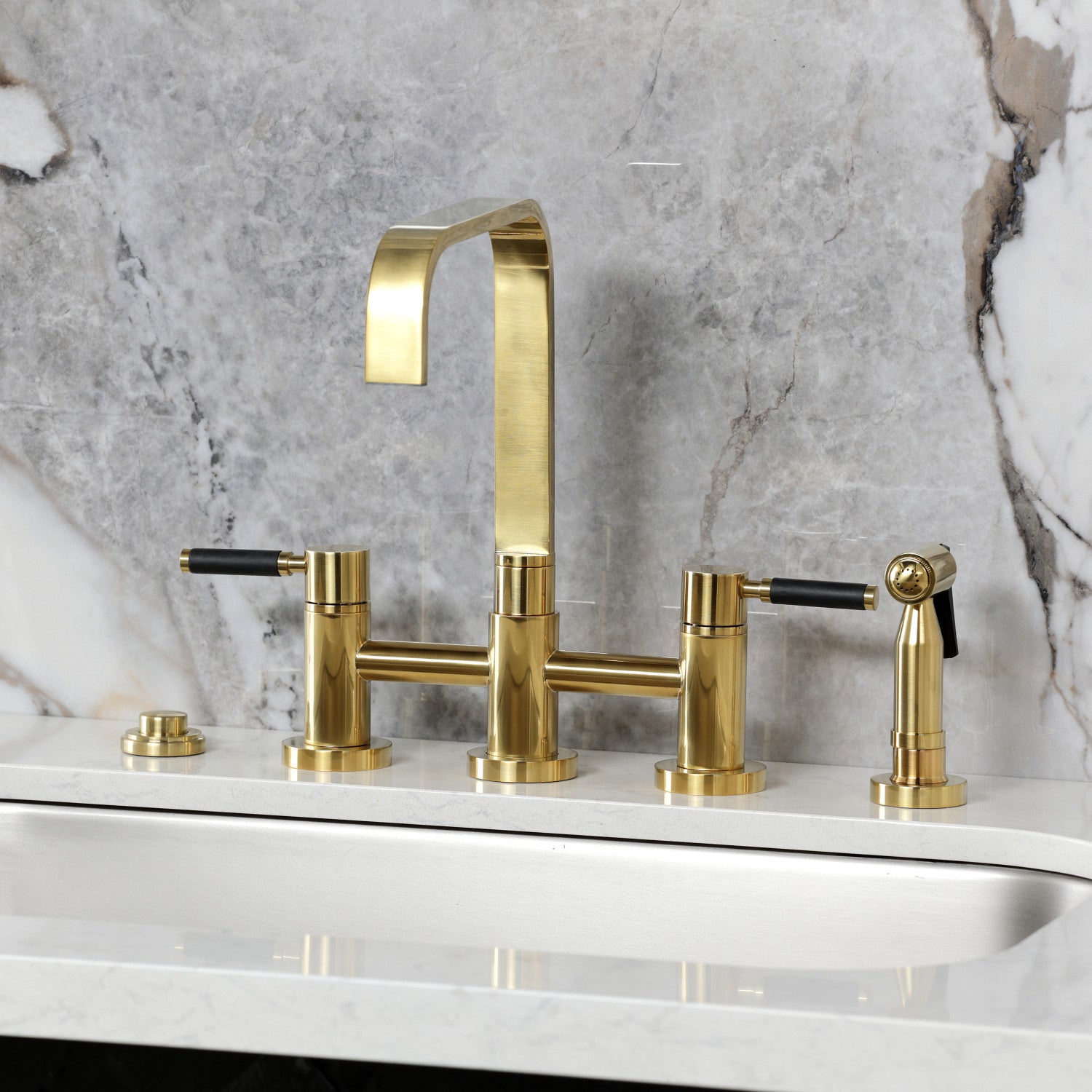Kingston Sona KS8257DKLBS - Kaiser Two-Handle 4-Hole Deck Mount Bridge Kitchen Faucet with Brass Sprayer, Brushed Brass — thumbnail 2