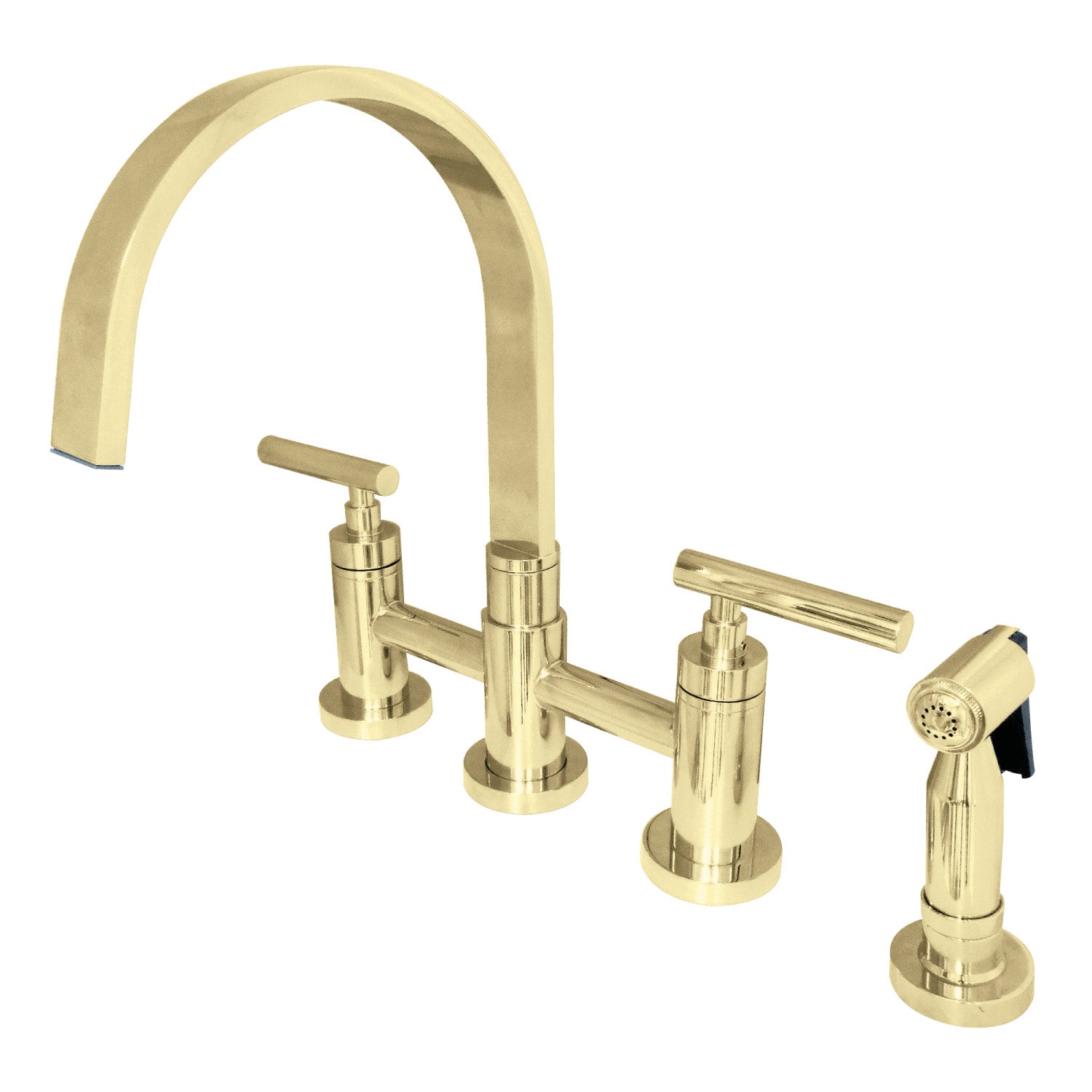Kingston Sona KS8262CMLBS - Manhattan Two-Handle 4-Hole Deck Mount Bridge Kitchen Faucet with Brass Sprayer, Polished Brass