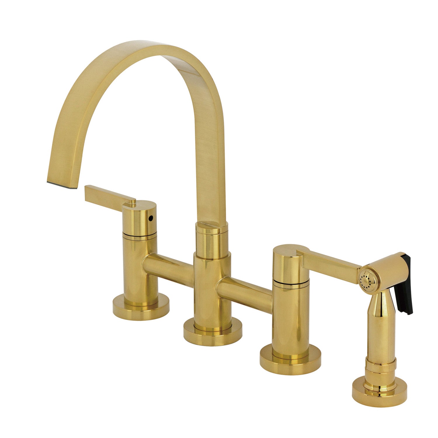 Kingston Sona KS8267CTLBS - Continental Two-Handle 4-Hole Deck Mount Bridge Kitchen Faucet with Brass Sprayer, Brushed Brass