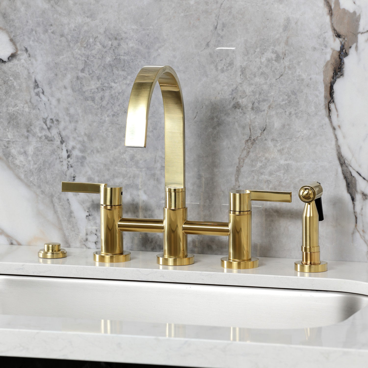 Kingston Sona KS8267CTLBS - Continental Two-Handle 4-Hole Deck Mount Bridge Kitchen Faucet with Brass Sprayer, Brushed Brass — thumbnail 2