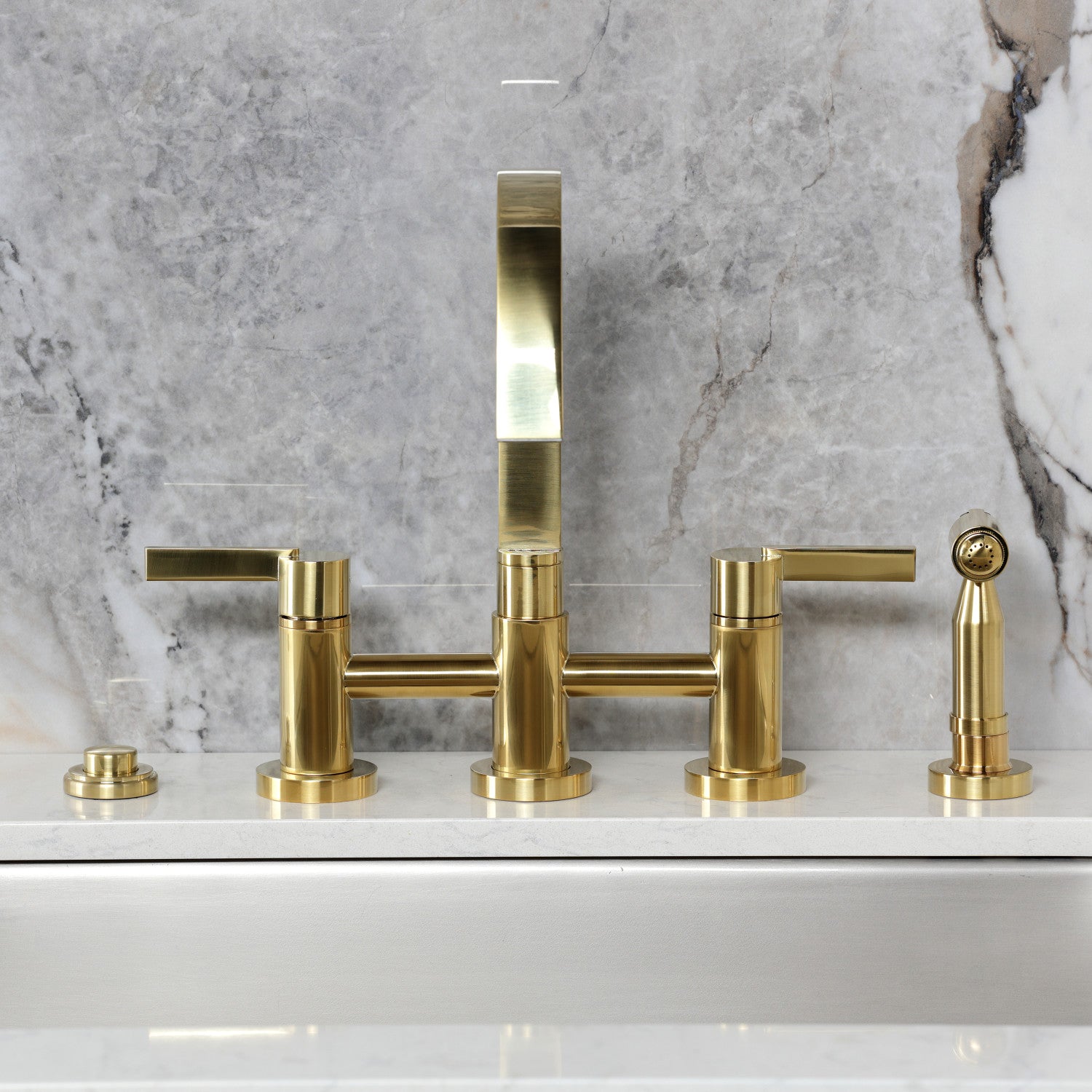 Kingston Sona KS8267CTLBS - Continental Two-Handle 4-Hole Deck Mount Bridge Kitchen Faucet with Brass Sprayer, Brushed Brass — thumbnail 3