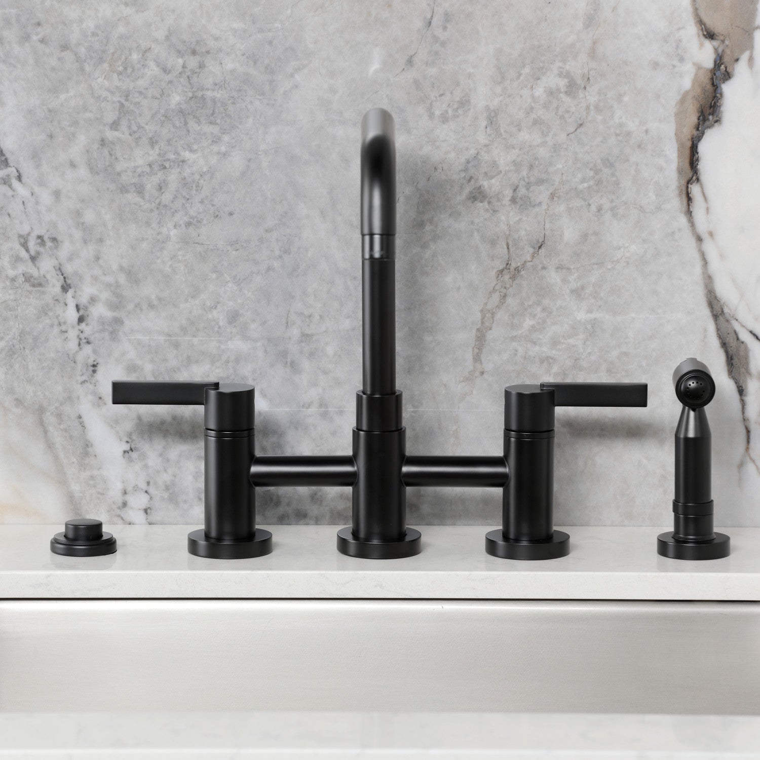 Kingston Sona KS8280CTLBS - Continental Two-Handle 4-Hole Deck Mount Bridge Kitchen Faucet with Brass Sprayer, Matte Black — thumbnail 3