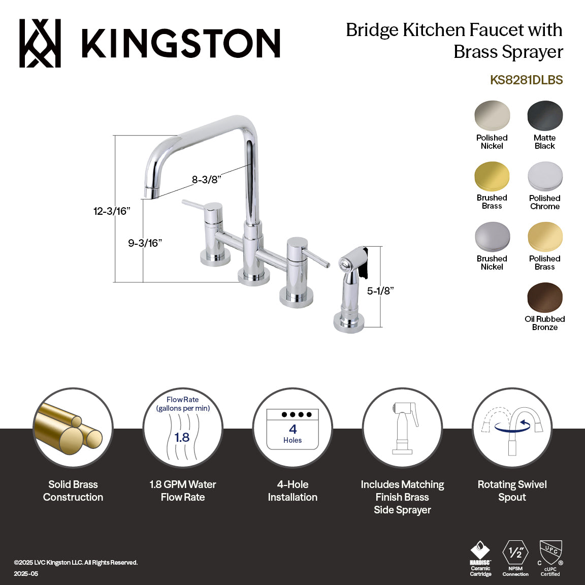Kingston Sona KS8280DLBS - Concord Two-Handle 4-Hole Deck Mount Bridge Kitchen Faucet with Brass Sprayer, Matte Black — thumbnail 2