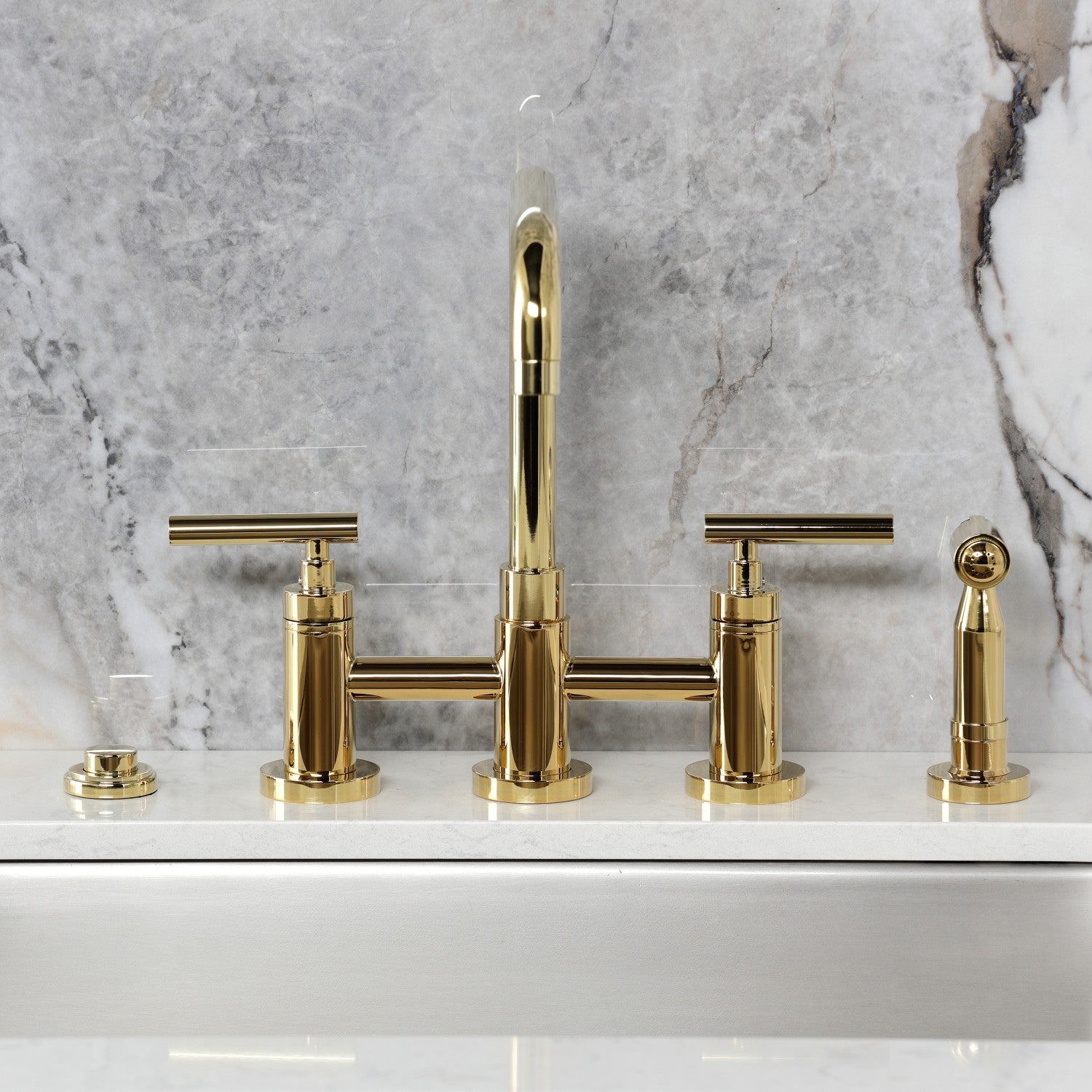 Kingston Sona KS8282CMLBS - Manhattan Two-Handle 4-Hole Deck Mount Bridge Kitchen Faucet with Brass Sprayer, Polished Brass — thumbnail 2