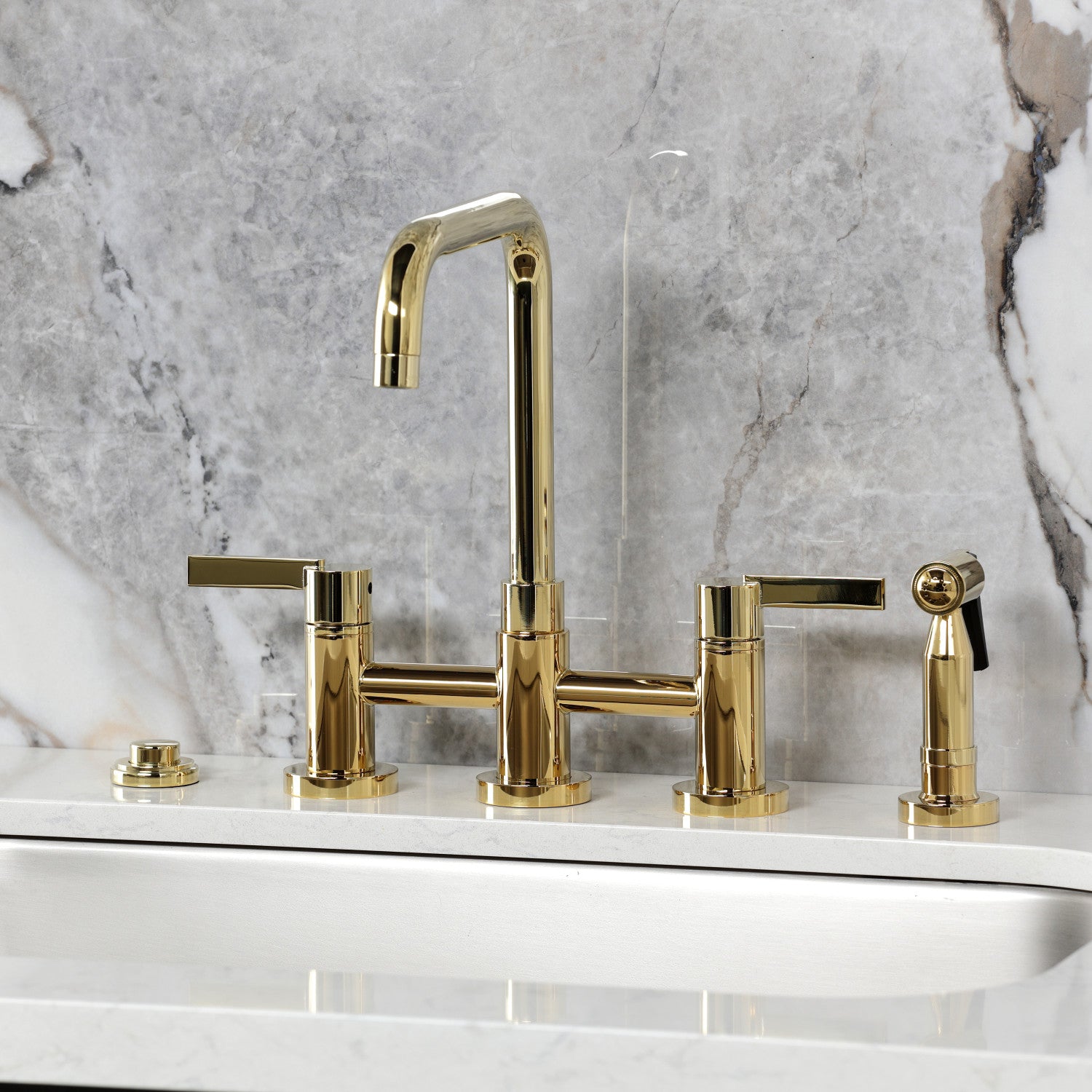Kingston Sona KS8282CTLBS - Continental Two-Handle 4-Hole Deck Mount Bridge Kitchen Faucet with Brass Sprayer, Polished Brass — thumbnail 2