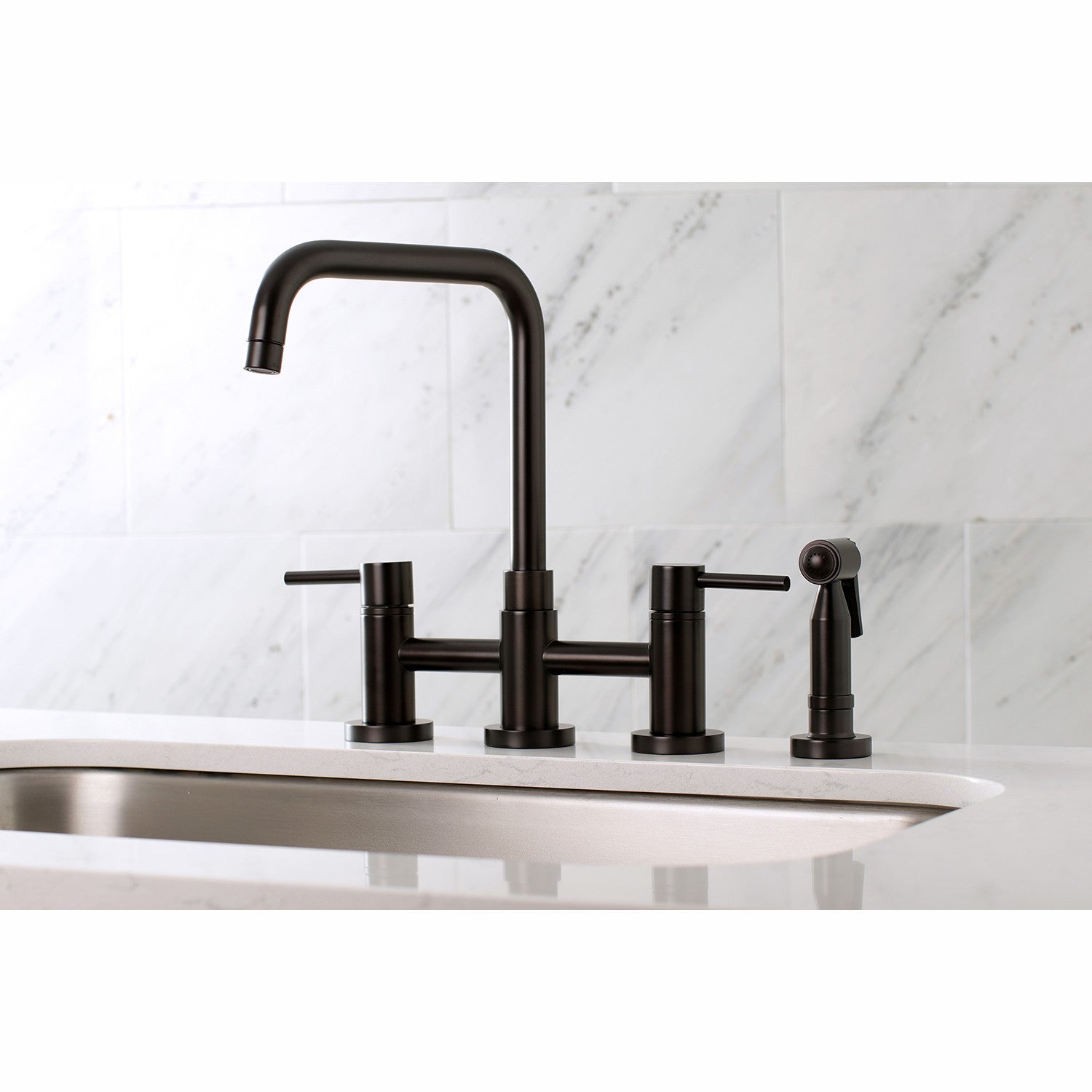 Kingston Sona KS8285DLBS - Concord Two-Handle 4-Hole Deck Mount Bridge Kitchen Faucet with Brass Sprayer, Oil Rubbed Bronze — thumbnail 2