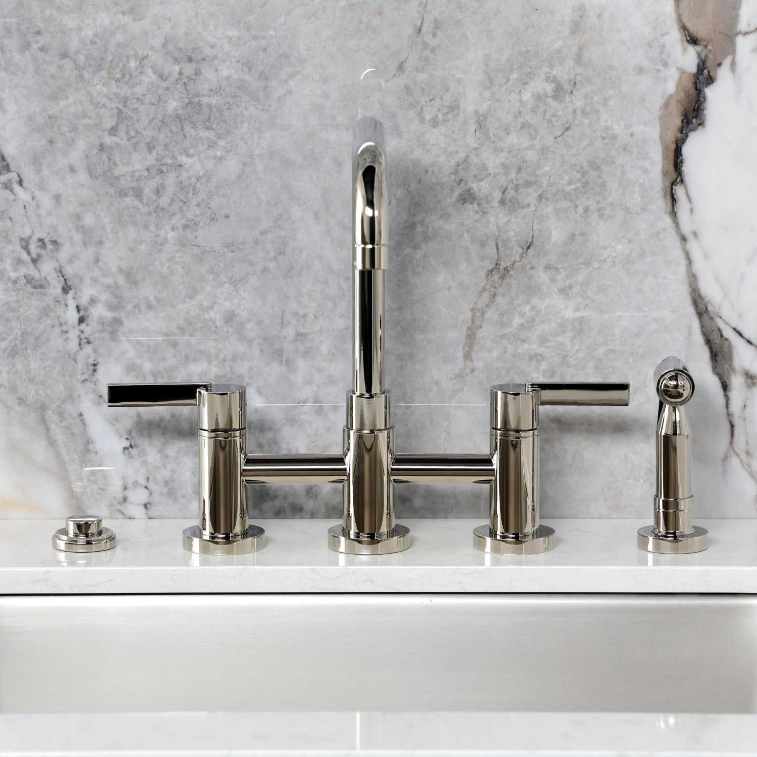 Kingston Sona KS8286CTLBS - Continental Two-Handle 4-Hole Deck Mount Bridge Kitchen Faucet with Brass Sprayer, Polished Nickel — thumbnail 3