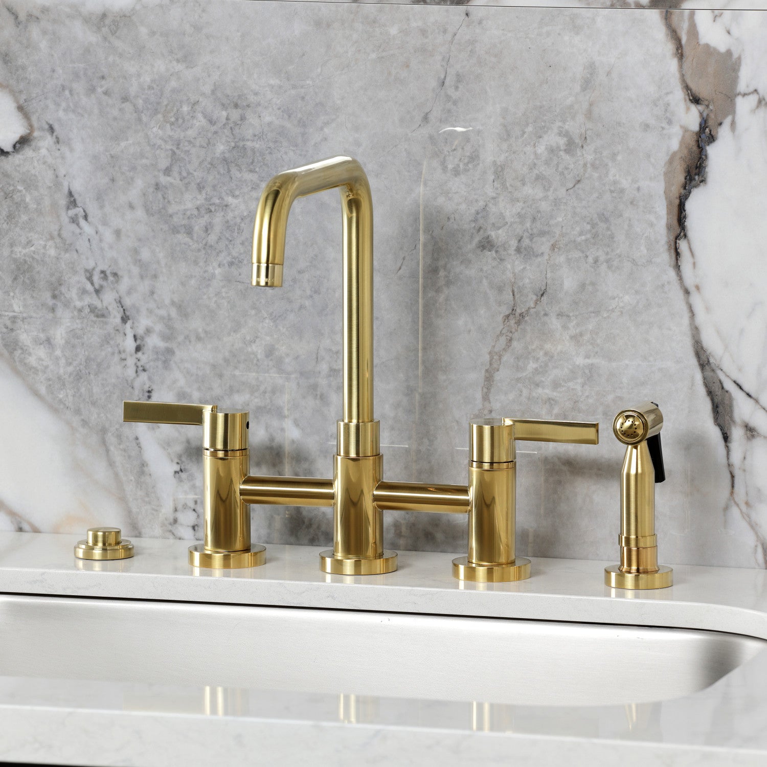 Kingston Sona KS8287CTLBS - Continental Two-Handle 4-Hole Deck Mount Bridge Kitchen Faucet with Brass Sprayer, Brushed Brass — thumbnail 2