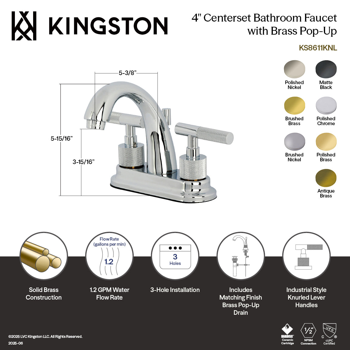 Kingston Sona KS8617KNL - Convergent Knurled Double-Handle 3-Hole Deck Mount 4-Inch Centerset Bathroom Faucet with Brass Pop-Up, Brushed Brass — thumbnail 2