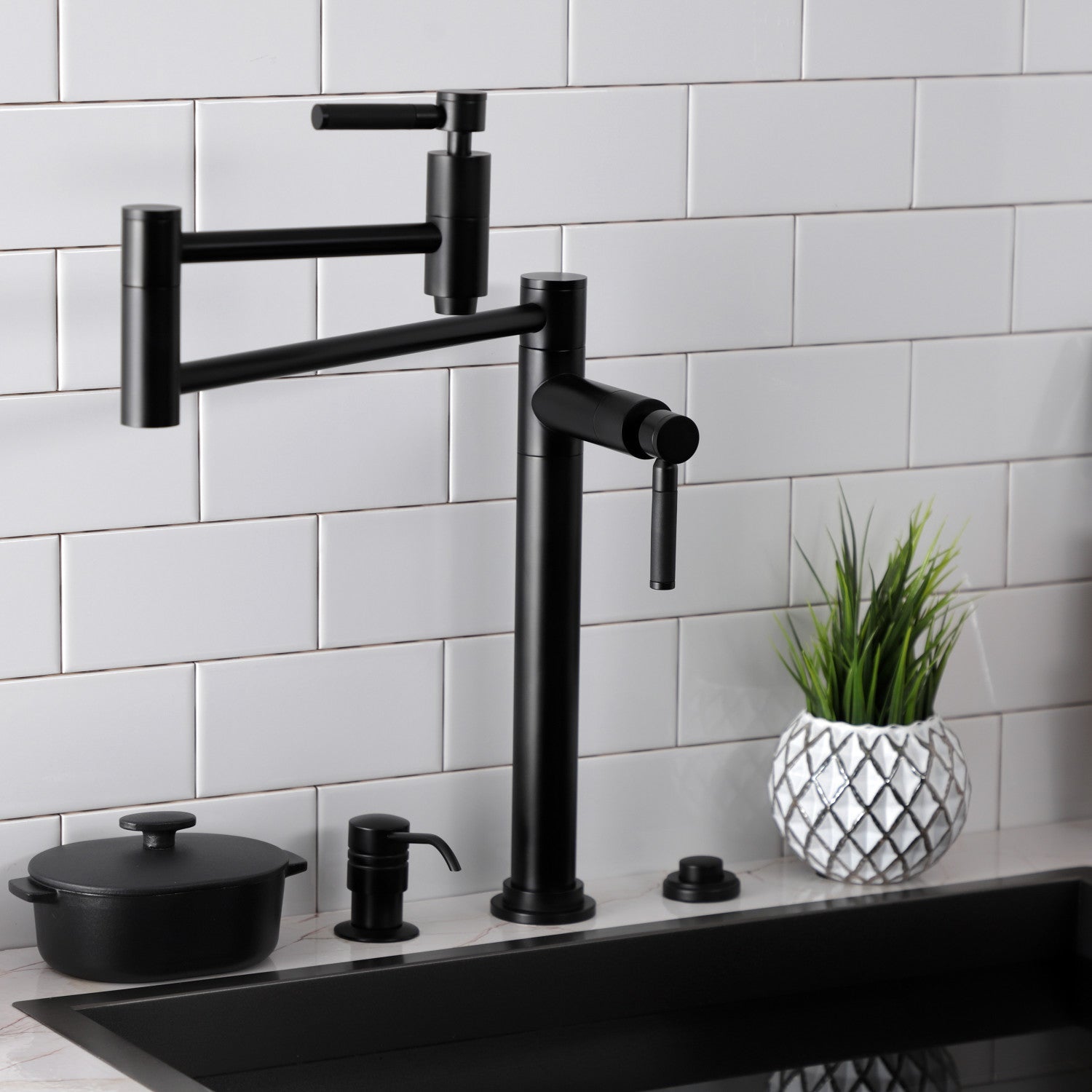 Kingston Sona KS8700DKL - Kaiser Two-Handle 1-Hole Deck Mount Pot Filler Faucet, Matte Black — thumbnail 3
