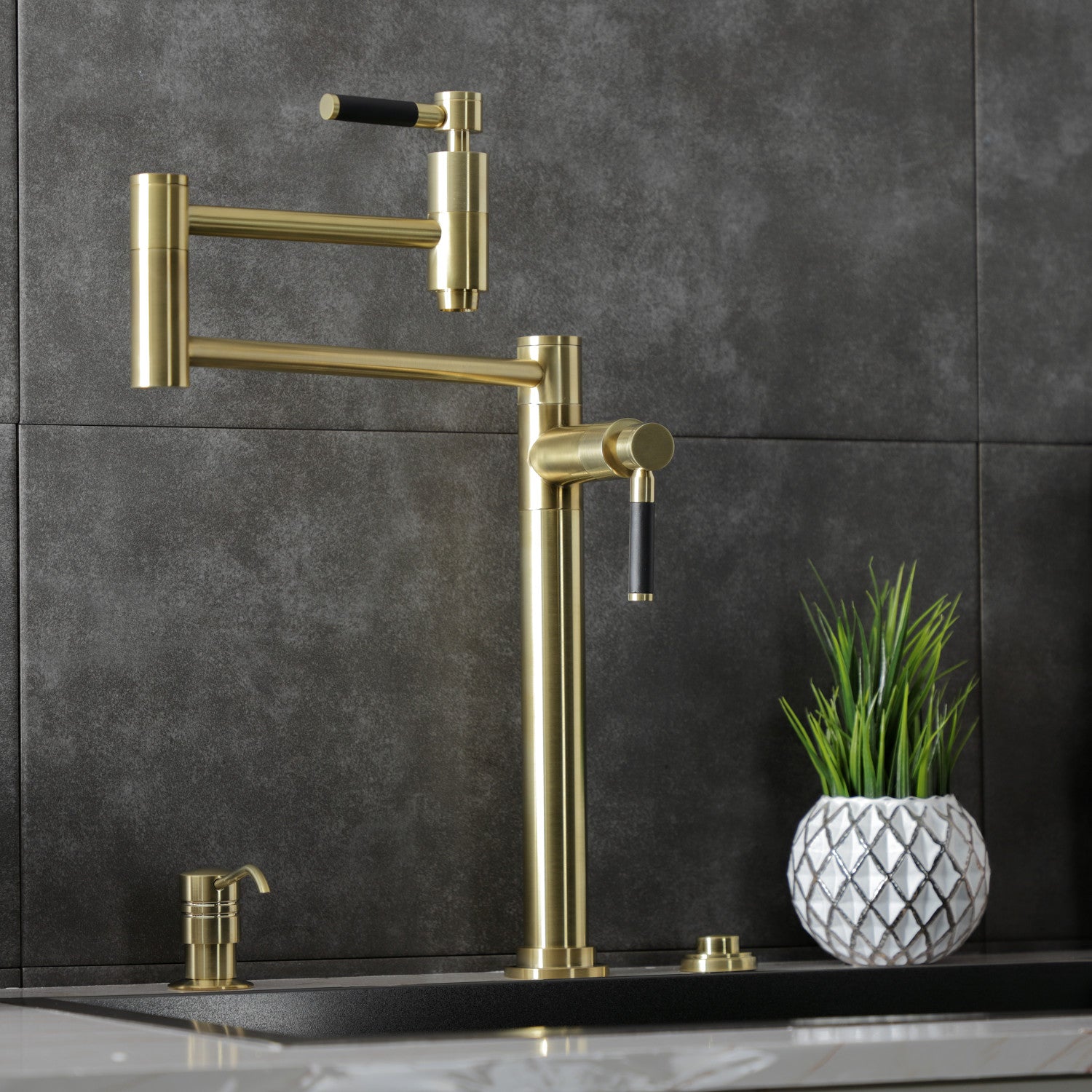 Kingston Sona KS8707DKL - Kaiser Two-Handle 1-Hole Deck Mount Pot Filler Faucet, Brushed Brass — thumbnail 3