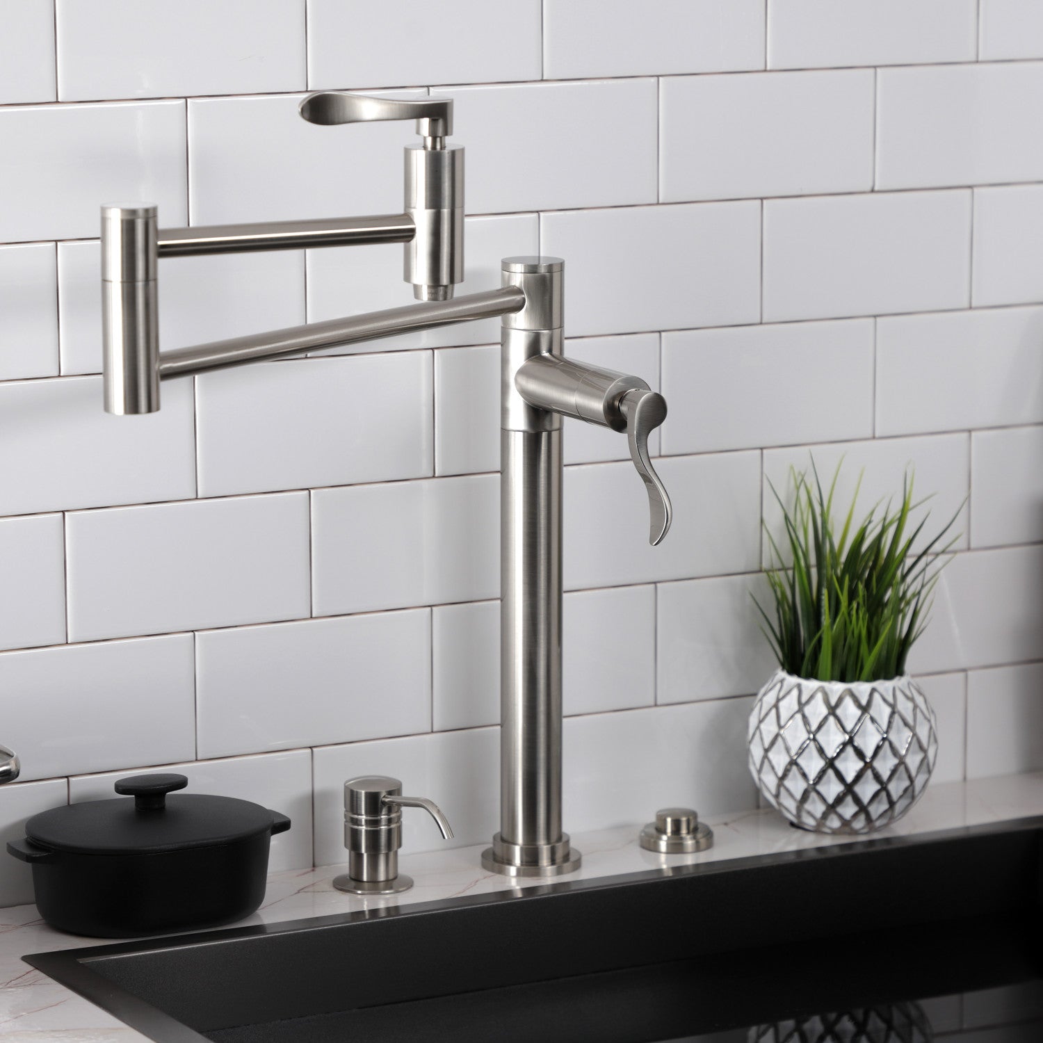 Kingston Tulare KS8708DFL - NuWave Two-Handle 1-Hole Deck Mount Pot Filler Faucet, Brushed Nickel — thumbnail 3