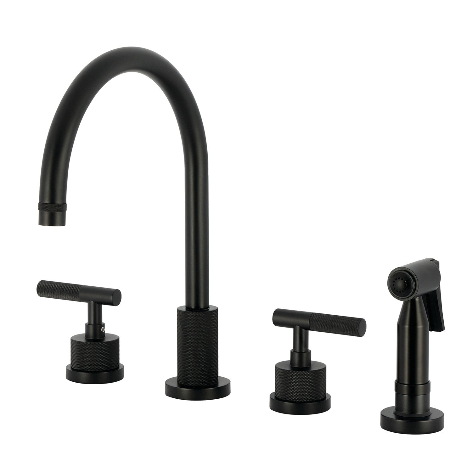 Kingston Sona KS8720KNLBS - Convergent Double-Handle 4-Hole Widespread Kitchen Faucet with Knurled Handle 4-Hole and Brass Sprayer, Matte Black