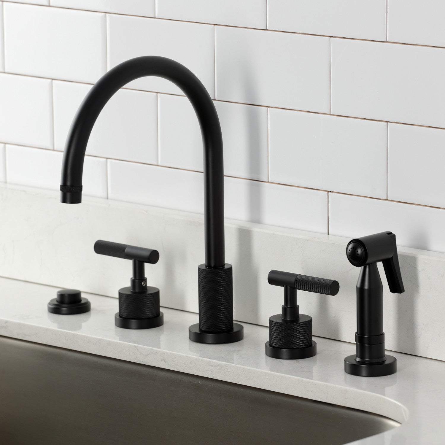 Kingston Sona KS8720KNLBS - Convergent Double-Handle 4-Hole Widespread Kitchen Faucet with Knurled Handle 4-Hole and Brass Sprayer, Matte Black — thumbnail 2