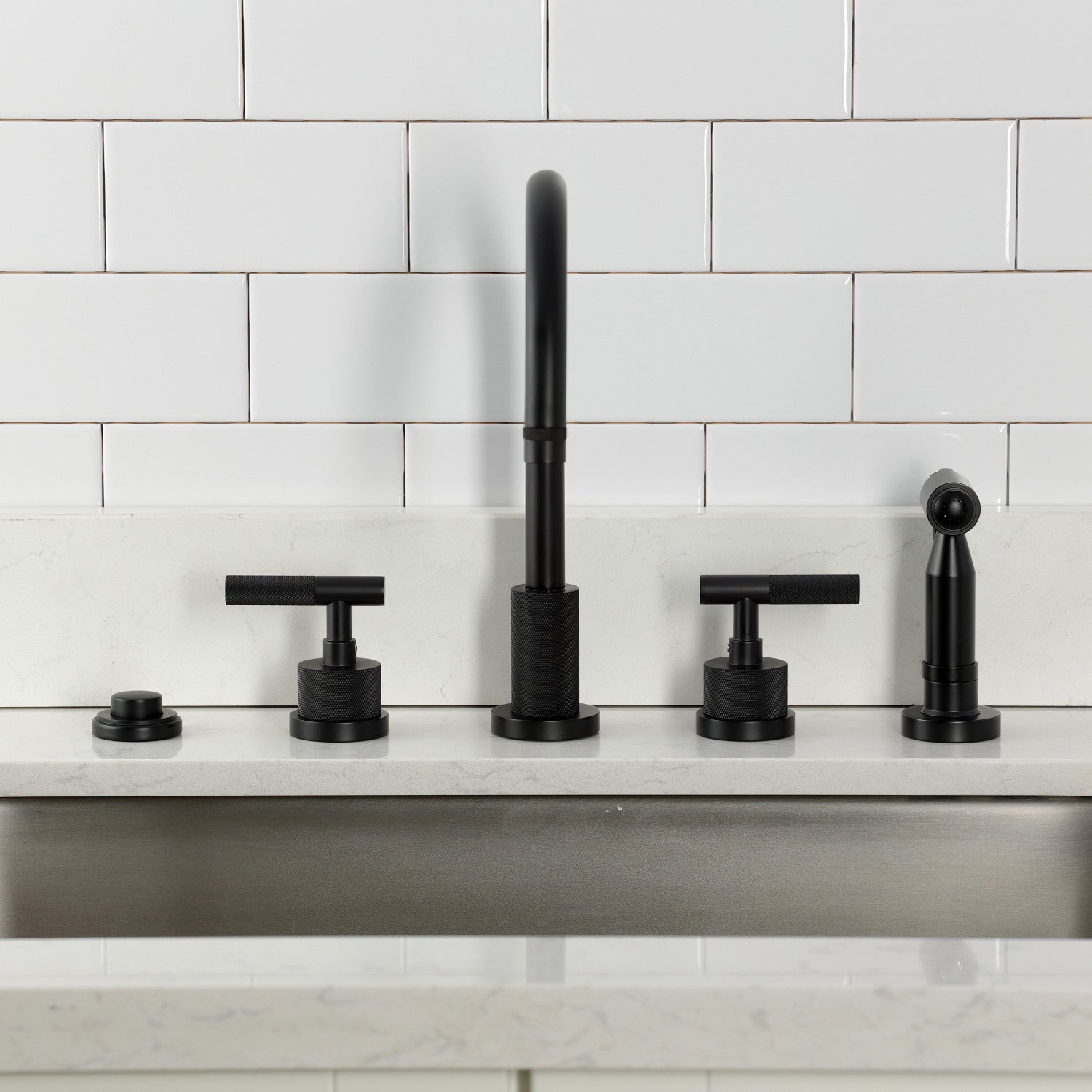 Kingston Sona KS8720KNLBS - Convergent Double-Handle 4-Hole Widespread Kitchen Faucet with Knurled Handle 4-Hole and Brass Sprayer, Matte Black — thumbnail 3