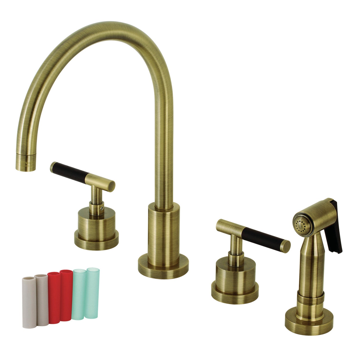 Kingston Sona KS8723CKLBS - Kaiser Double-Handle 4-Hole Widespread Kitchen Faucet with Brass Sprayer, Antique Brass