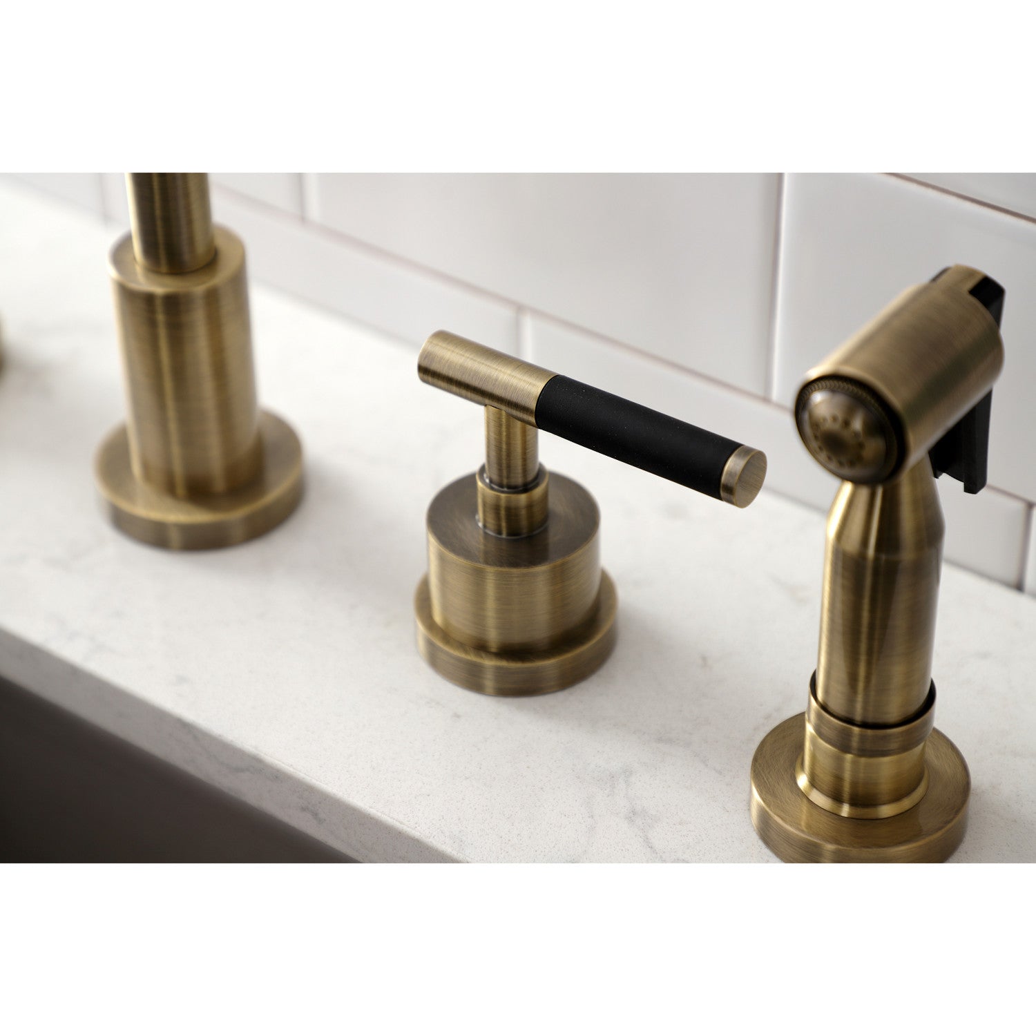 Kingston Sona KS8723CKLBS - Kaiser Double-Handle 4-Hole Widespread Kitchen Faucet with Brass Sprayer, Antique Brass — thumbnail 2