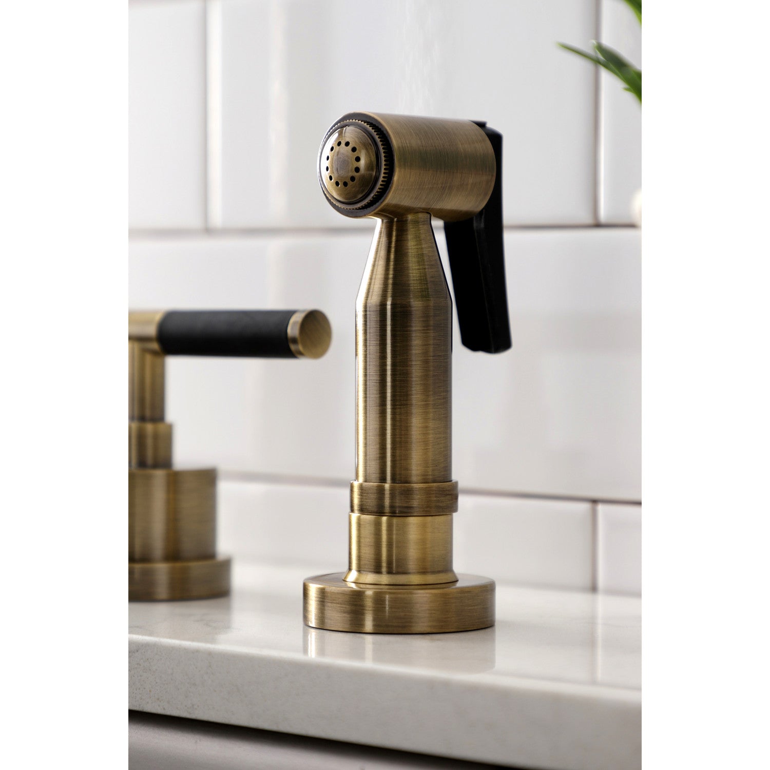 Kingston Sona KS8723CKLBS - Kaiser Double-Handle 4-Hole Widespread Kitchen Faucet with Brass Sprayer, Antique Brass — thumbnail 3
