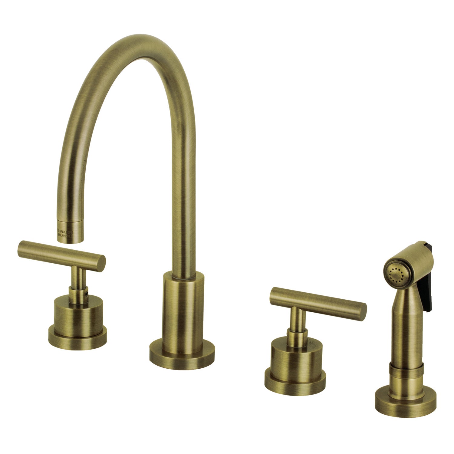 Kingston Sona KS8723CMLBS - Manhattan Double-Handle 4-Hole Widespread Kitchen Faucet with Brass Sprayer, Antique Brass